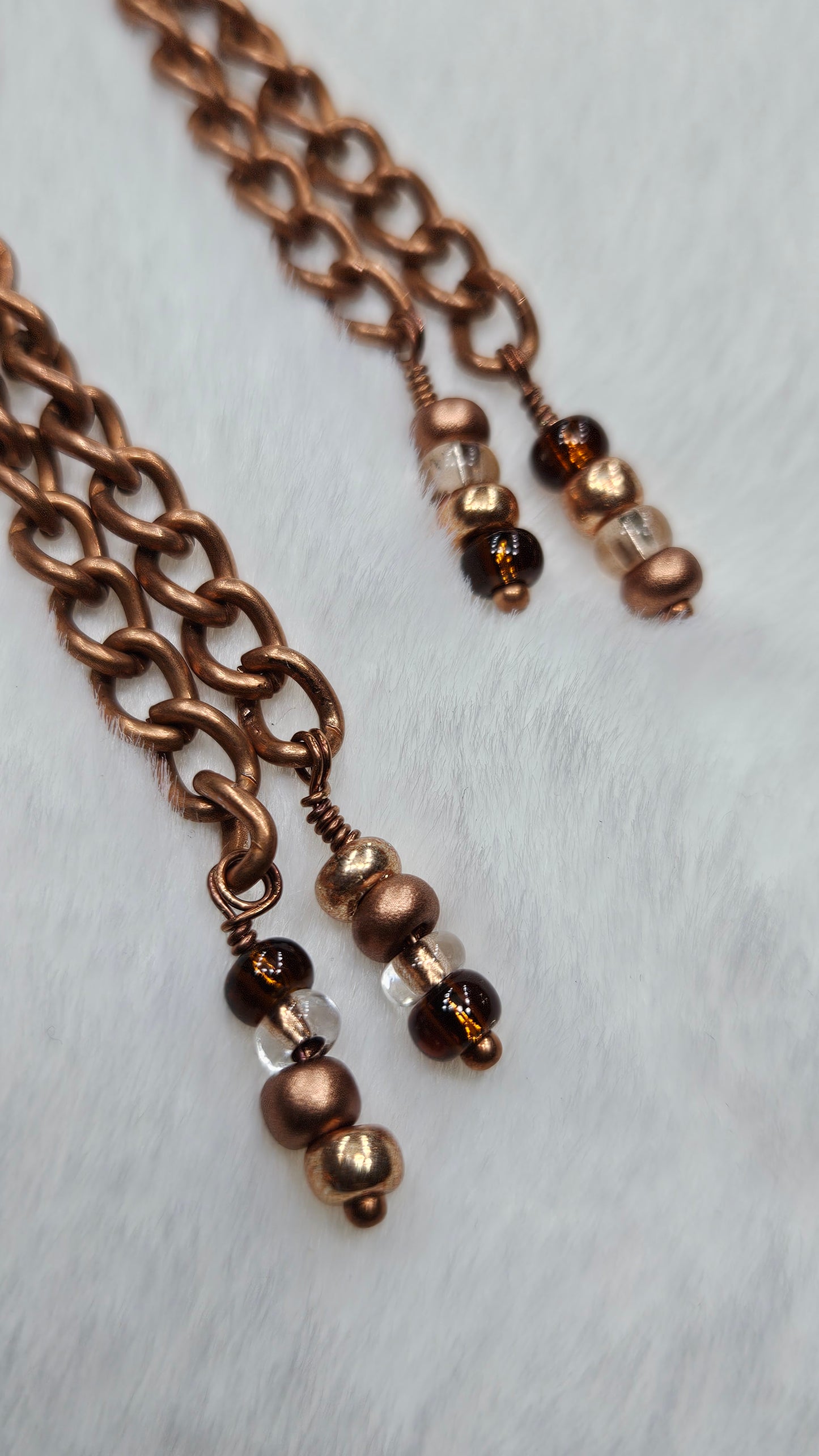 Long Antique Copper Chain Dangle Earrings with Decorated Glass