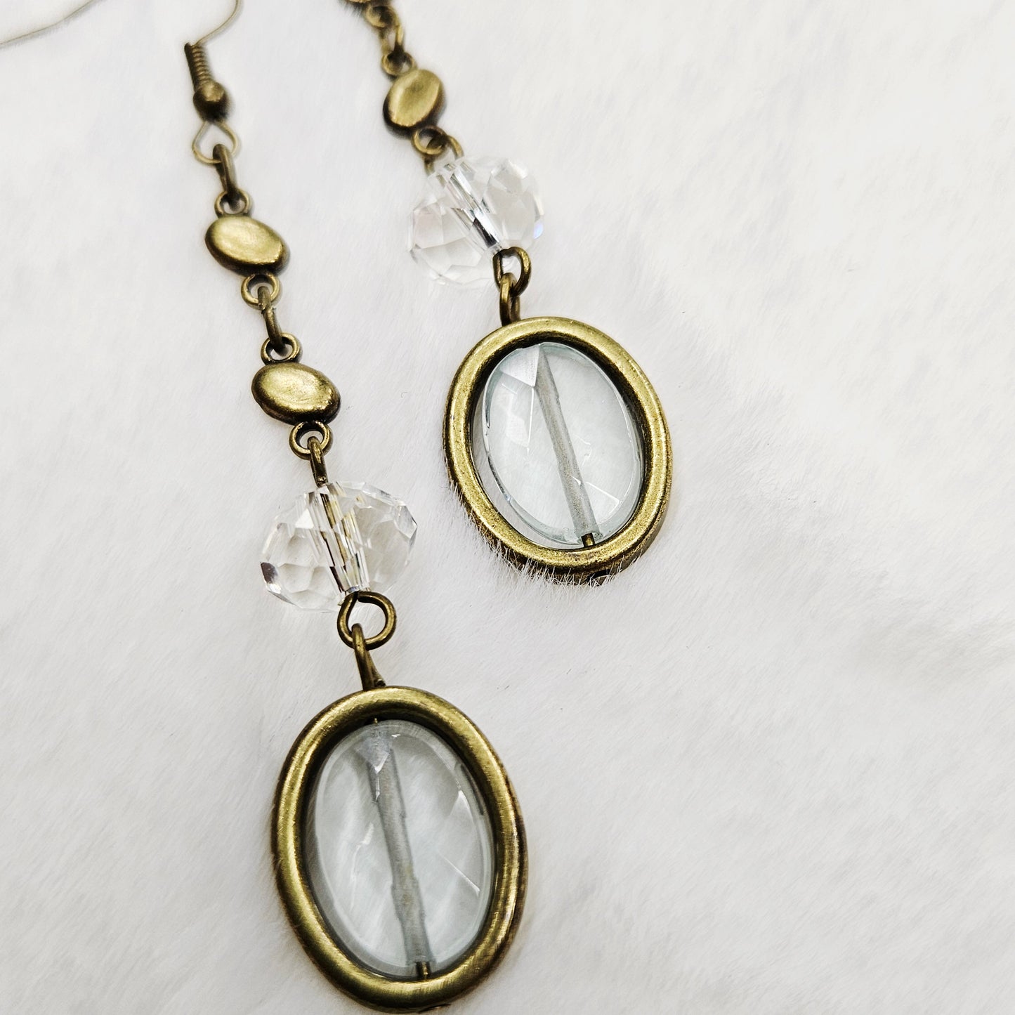 Long Antiqued Brass Earrings with Crystal and Brass-Framed Gem-Cut Rough Glass Dangles