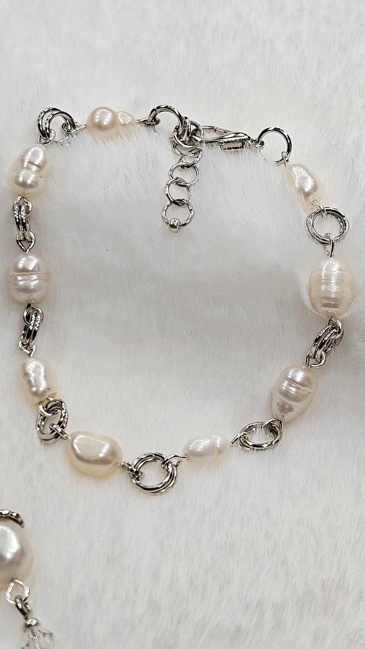 Silver Risen Rose Cross Set - Rose Cross Pendant Necklace with Crystal & Freshwater Pearls Earrings & Bracelet