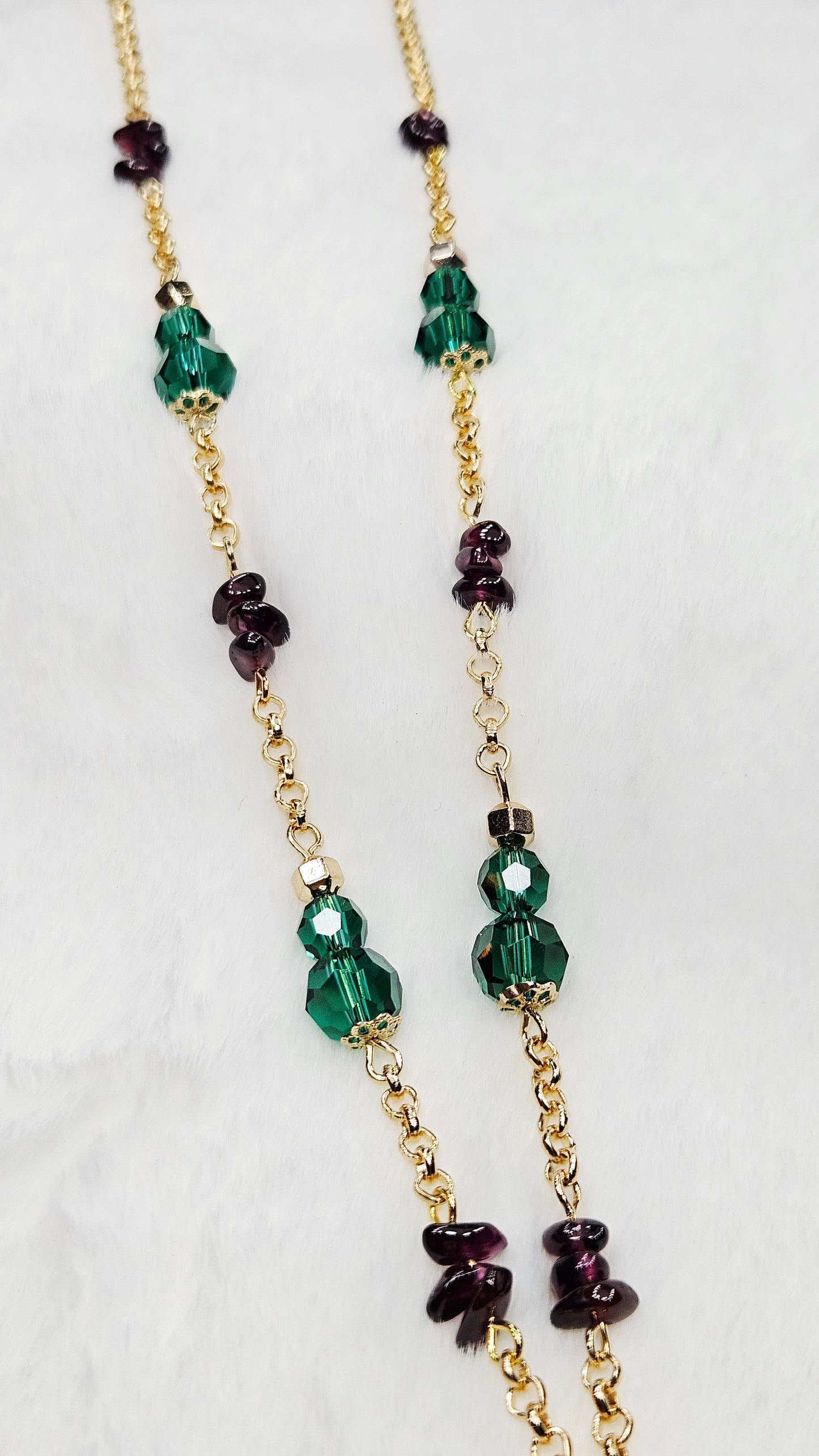 Golden Paisley Moon Pendant Necklace and Earrings with Emerald Austrian Crystals and Amethyst Chips