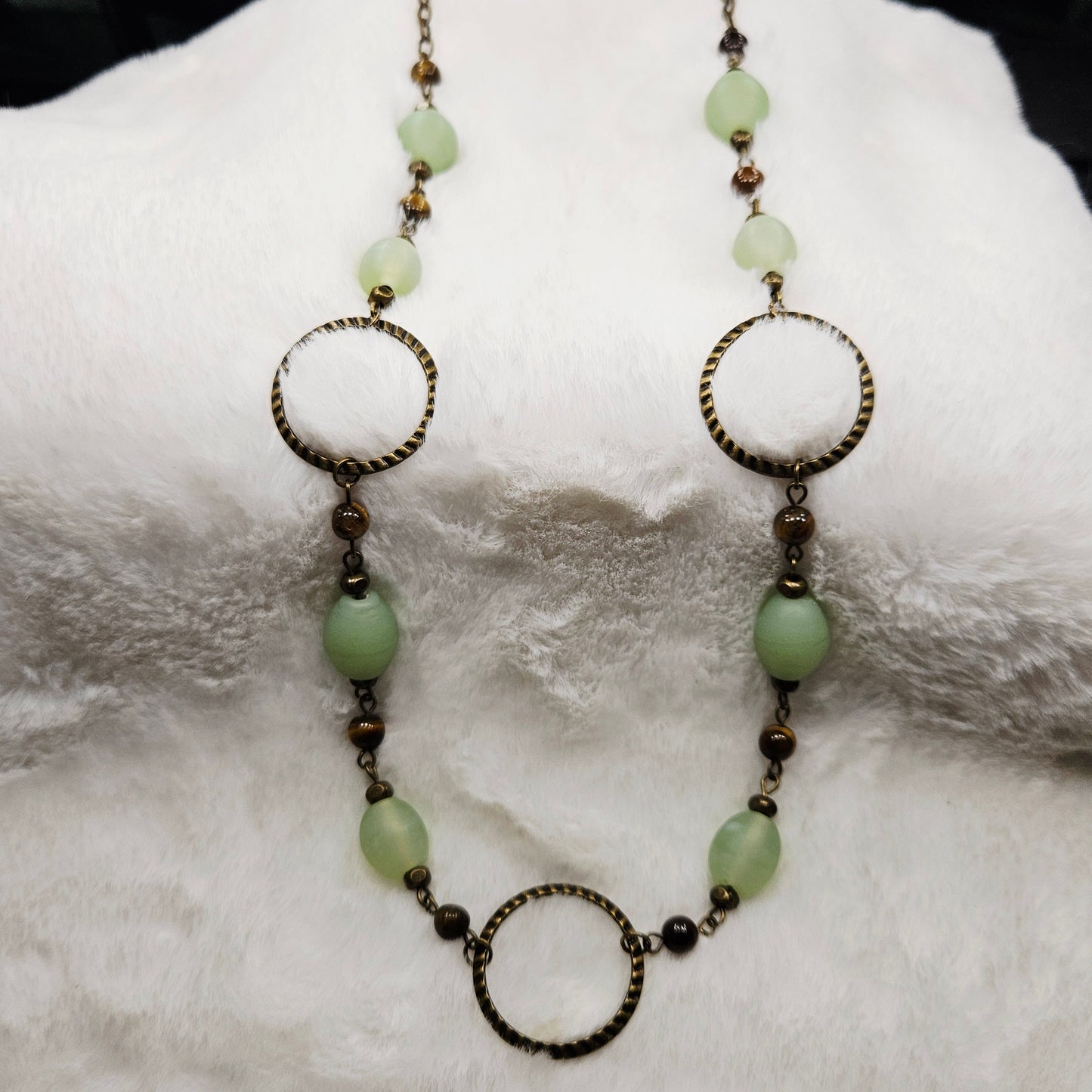 Tigers Eye and Green Frosted Glass Necklace in Antiqued Brass