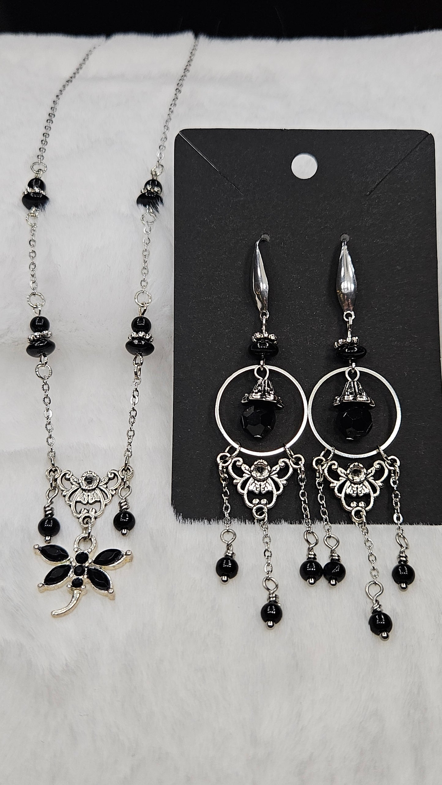Vintage Filigree Set - Black Crystal Dragonfly and Silver Filigree Pendant Necklace with Earrings