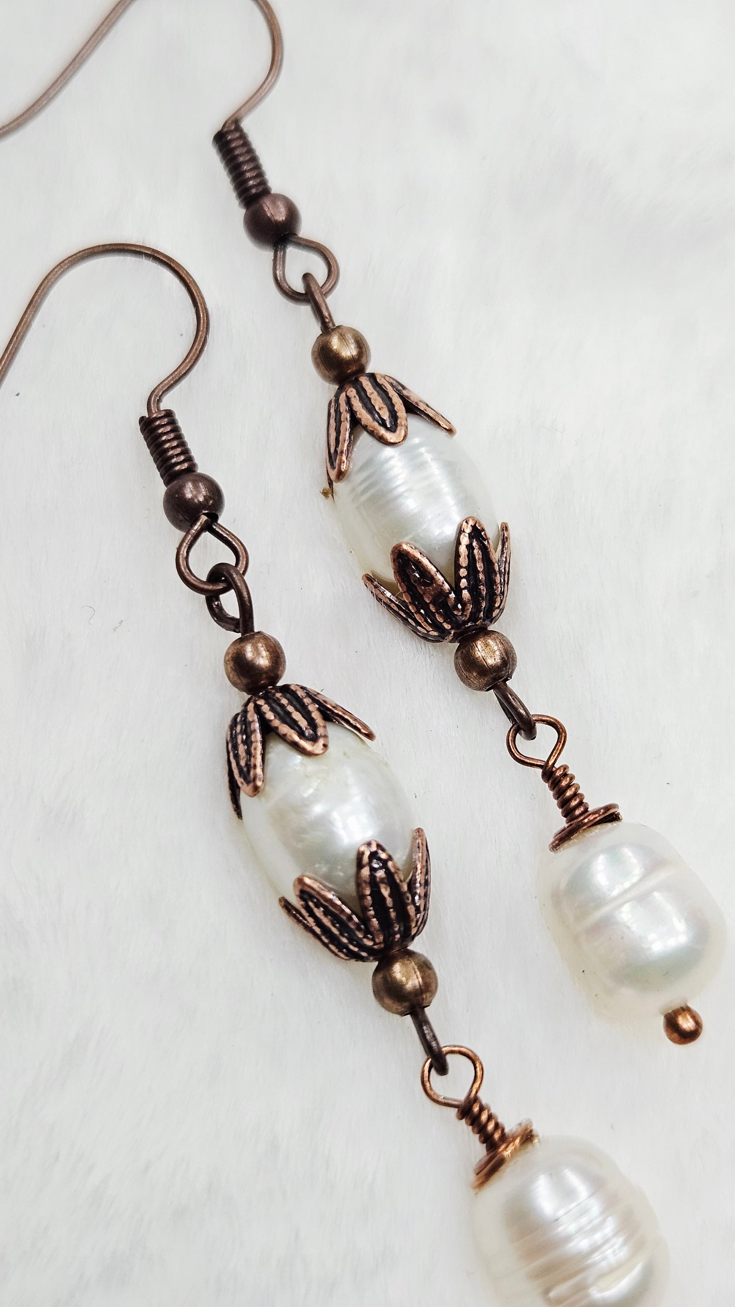 Antique Copper Leaf Cap Dangle Earrings with Freshwater Pearls