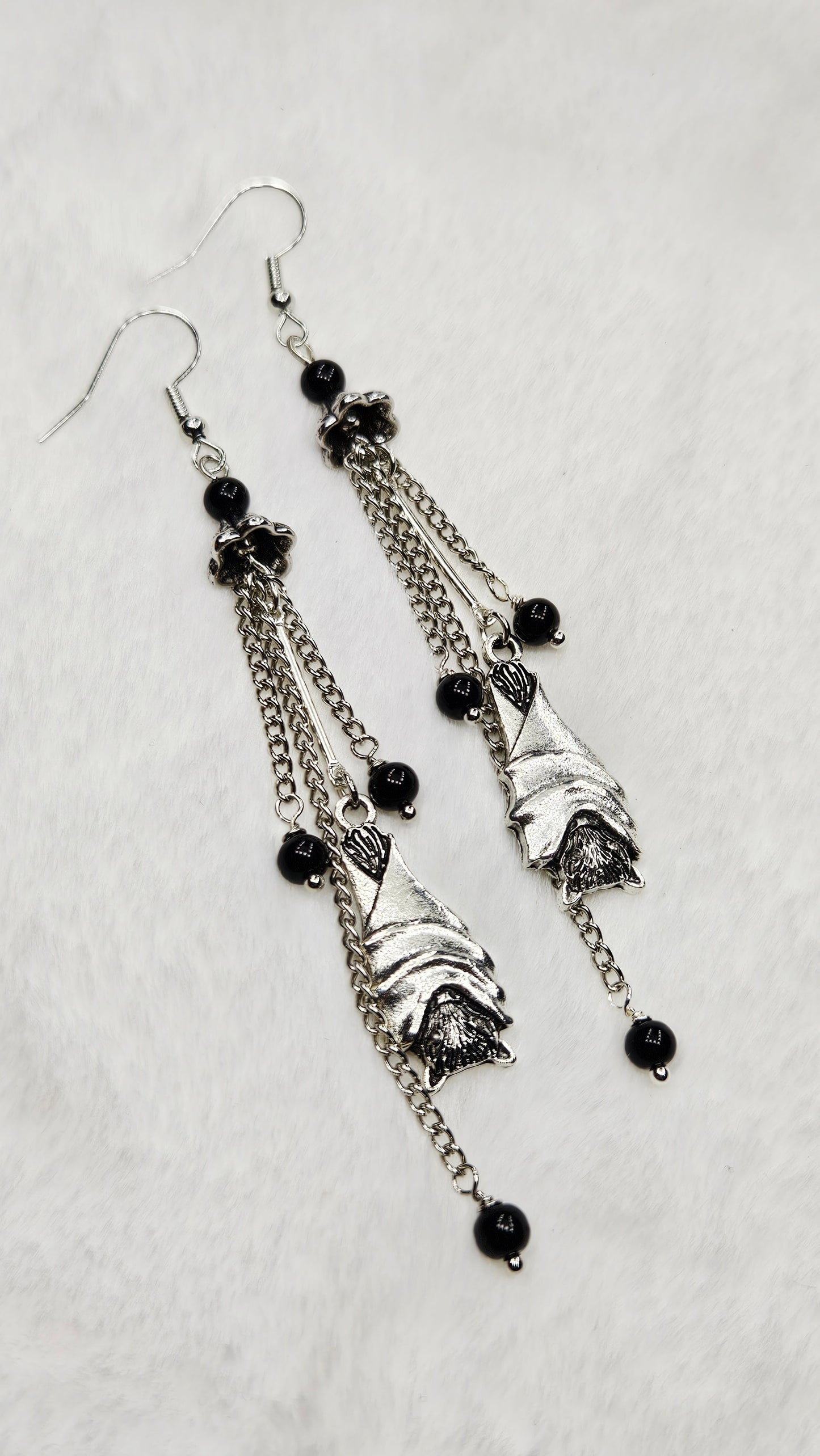 Roosting Bats Drop Dangles with Silver Chain and Black Glass Earrings