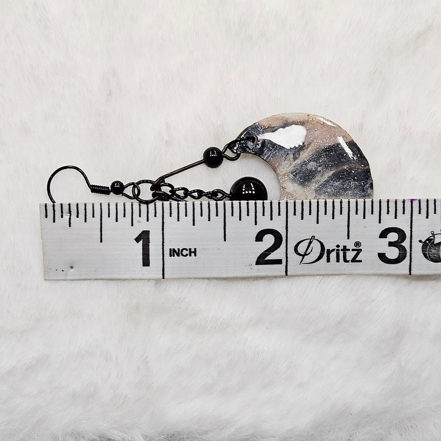 Black and Brown Gold Flake Marble Crescent Polymer Clay Earrings with Black Chain