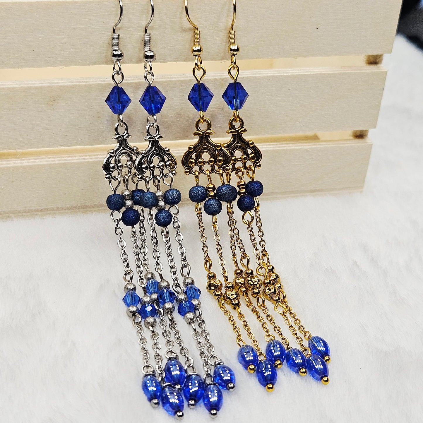 Long Blue Crystal Micro Chandelier Earrings in Silver or Gold