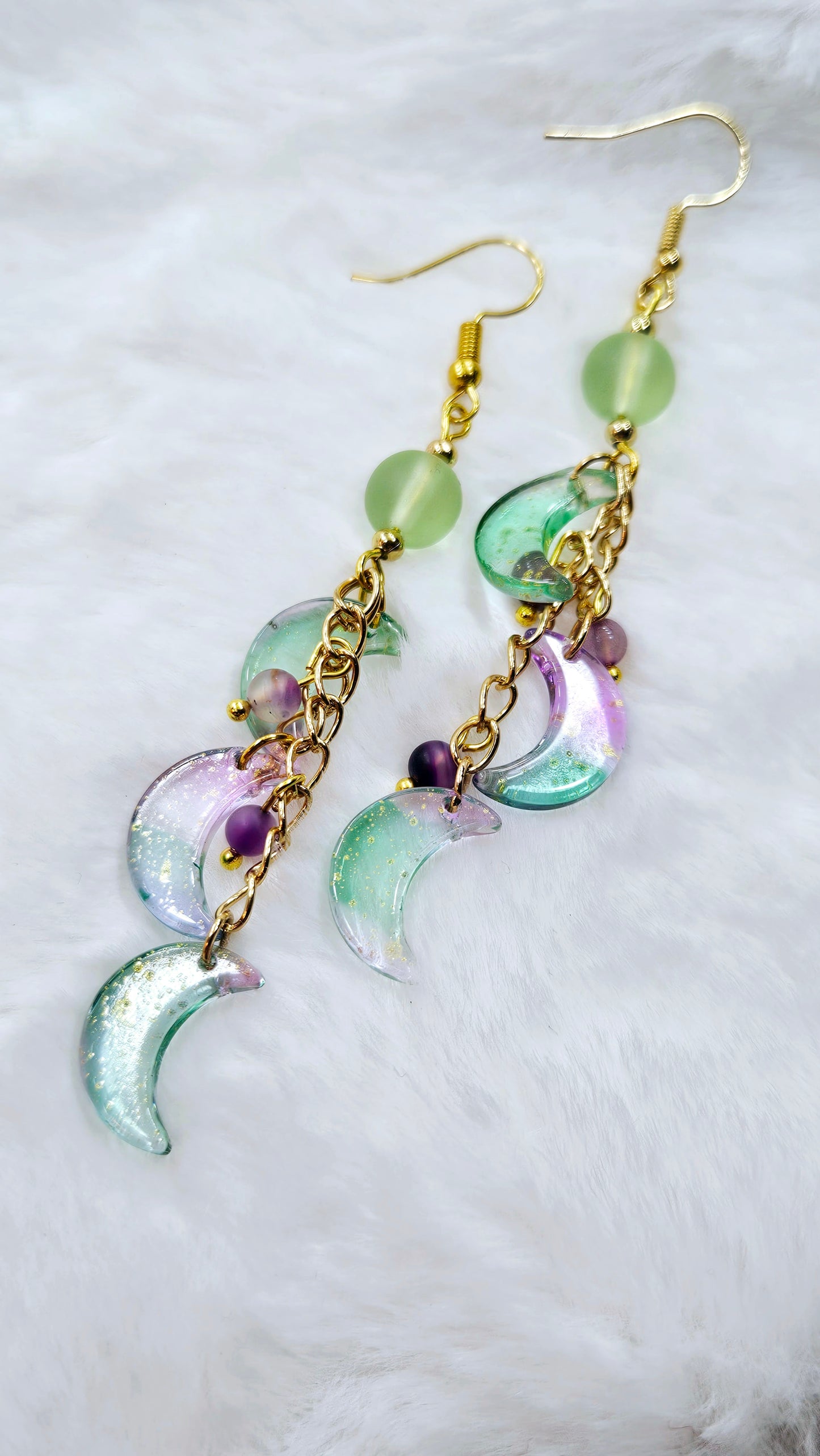 Mystical Moons Jade Green & Purple with Gold Fleck on Gold Chain Cluster Dangle Earrings