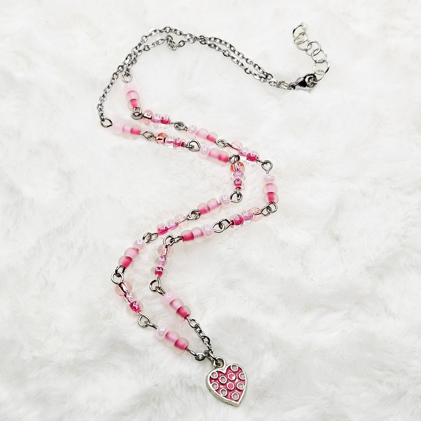 Dainty Pink Polkadot Heart Pendant Necklace and Earrings with Various Pink Glass Seed Beads