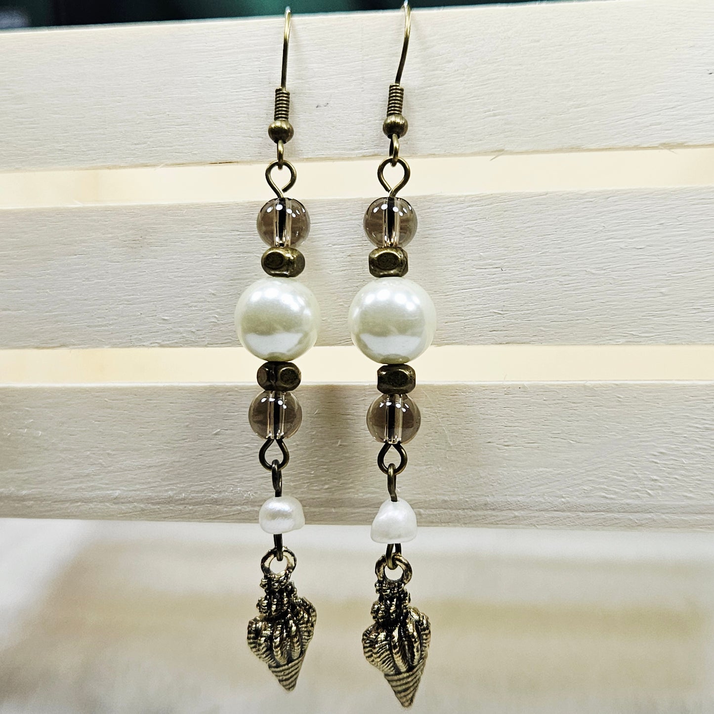 Long Bronze Conch Shell Earrings with Smokey Brown Glass and Pearl