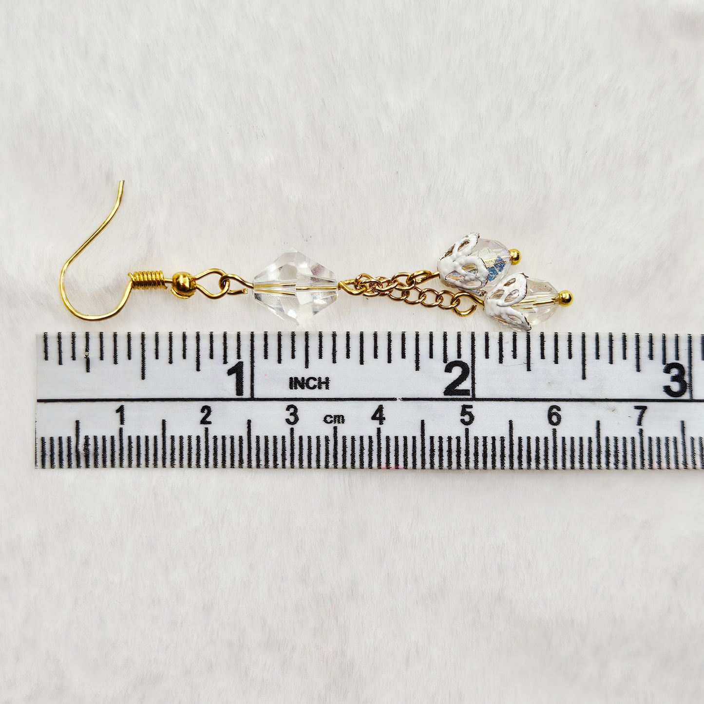 Iridescent Crystal Teardrop Drop Chain Dangle Earrings with White Filigree Bell Caps - 2¾"