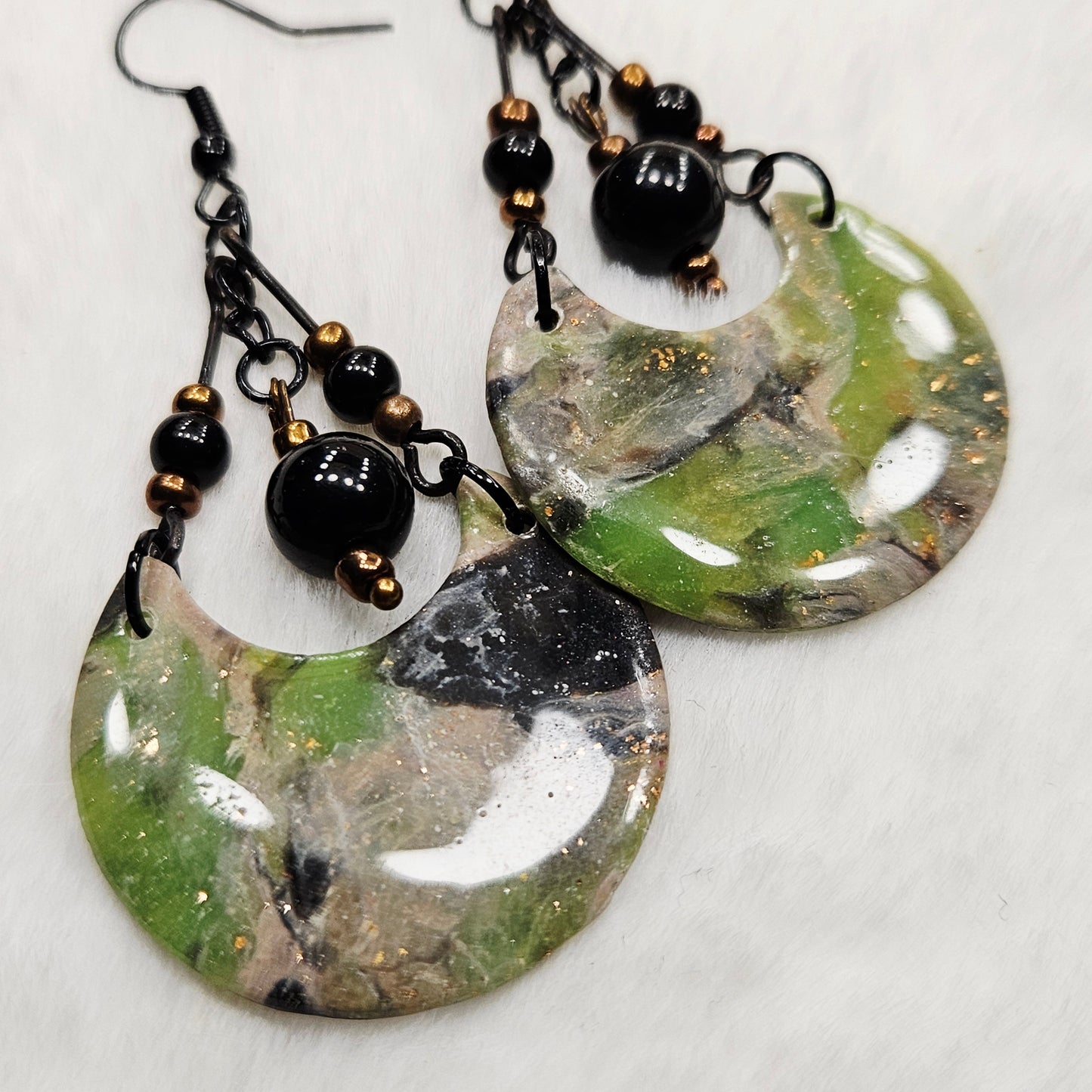 Lime Green Camouflage Crescent Polymer Clay Earrings with Black and Bronze Beads