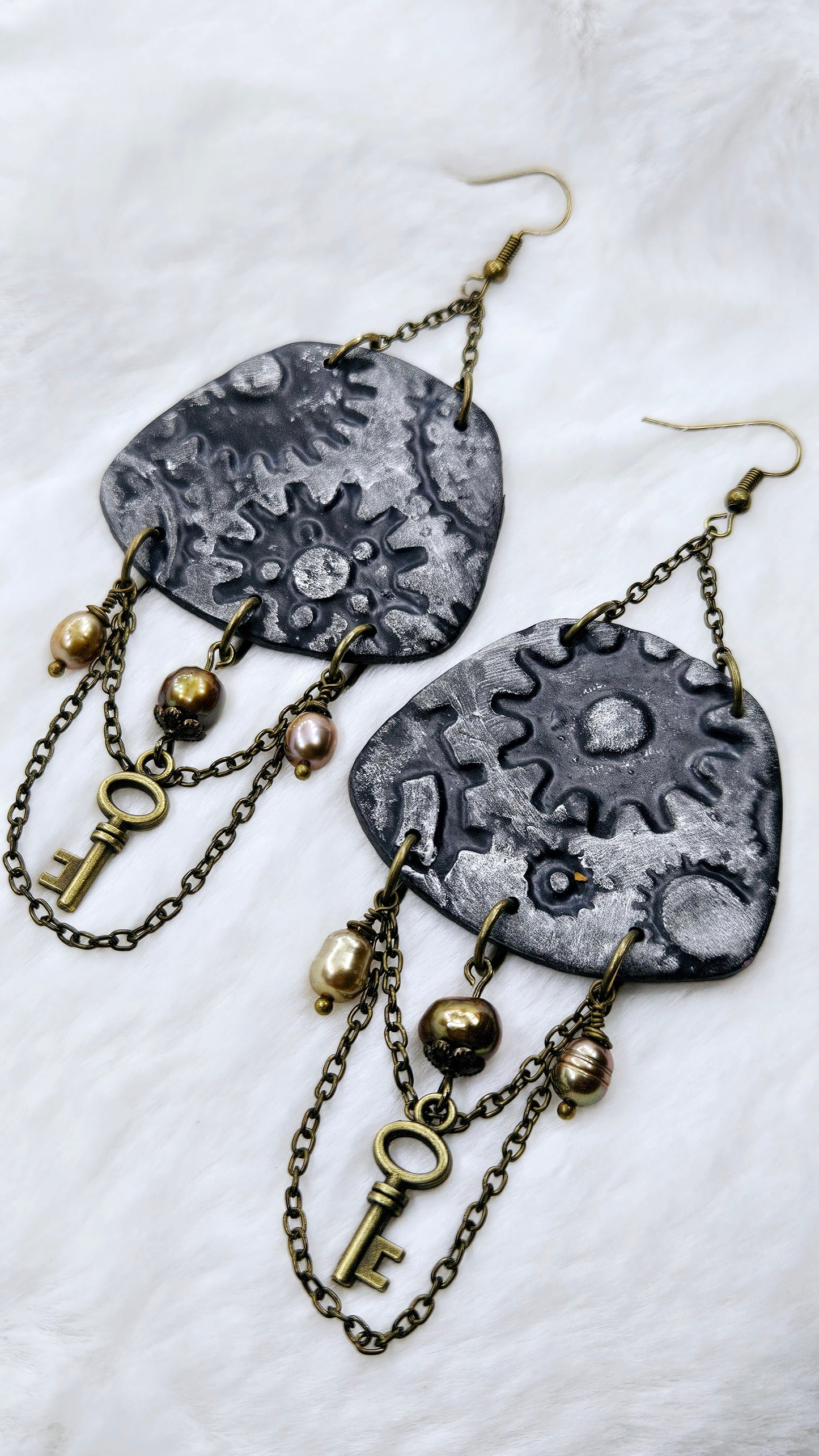 Pop, Lock & Cog It Brass Steampunk Clay Dangle Earrings with Keys & Freshwater Pearls