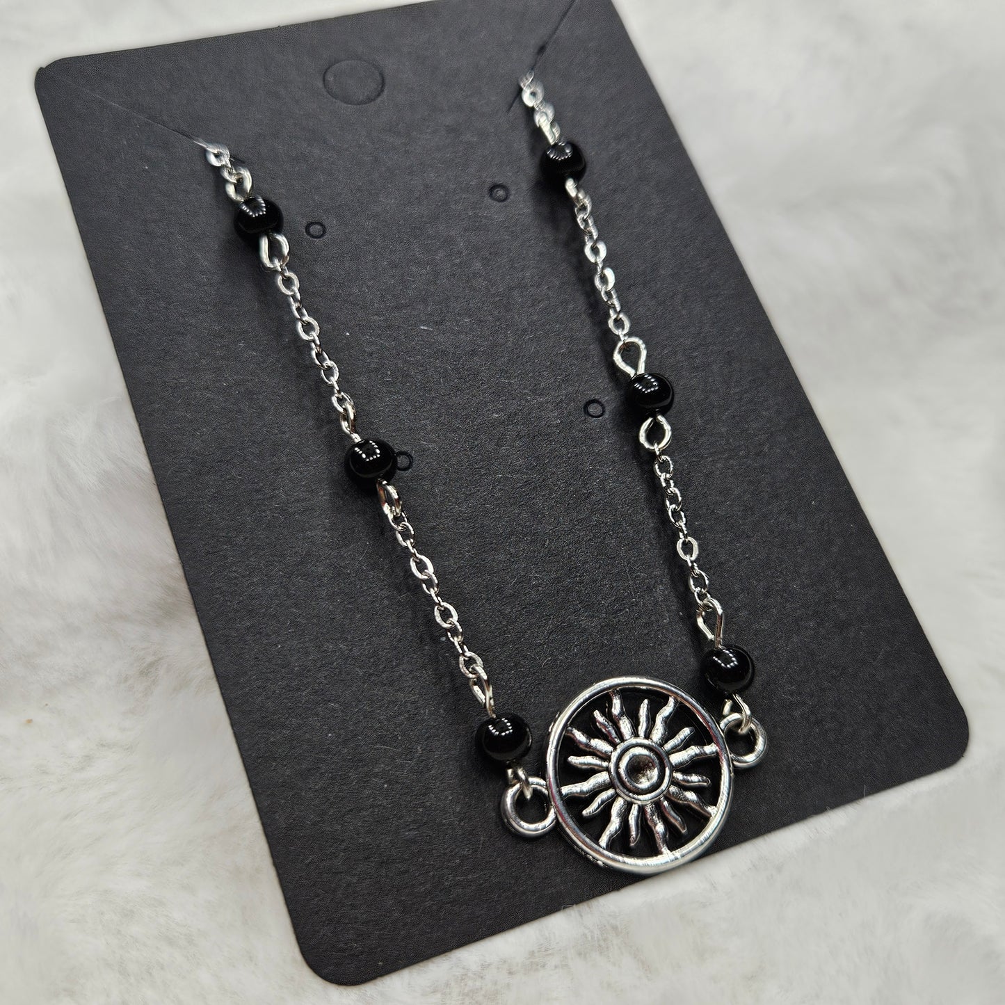 Black Hole Sun Beaded Silver Chain Necklace with Polished Black Glass - 16"