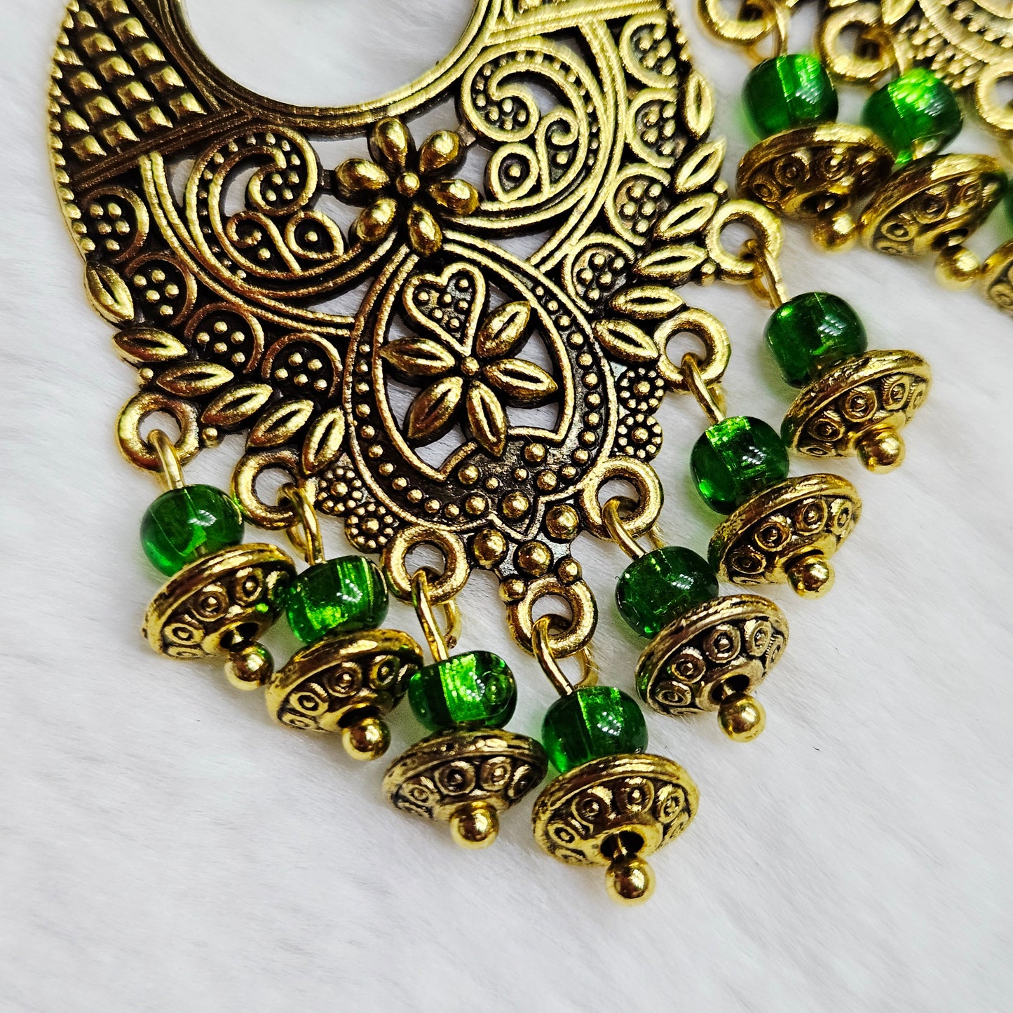 Bali Style Brassy-Gold Chandelier Earrings in Green glass