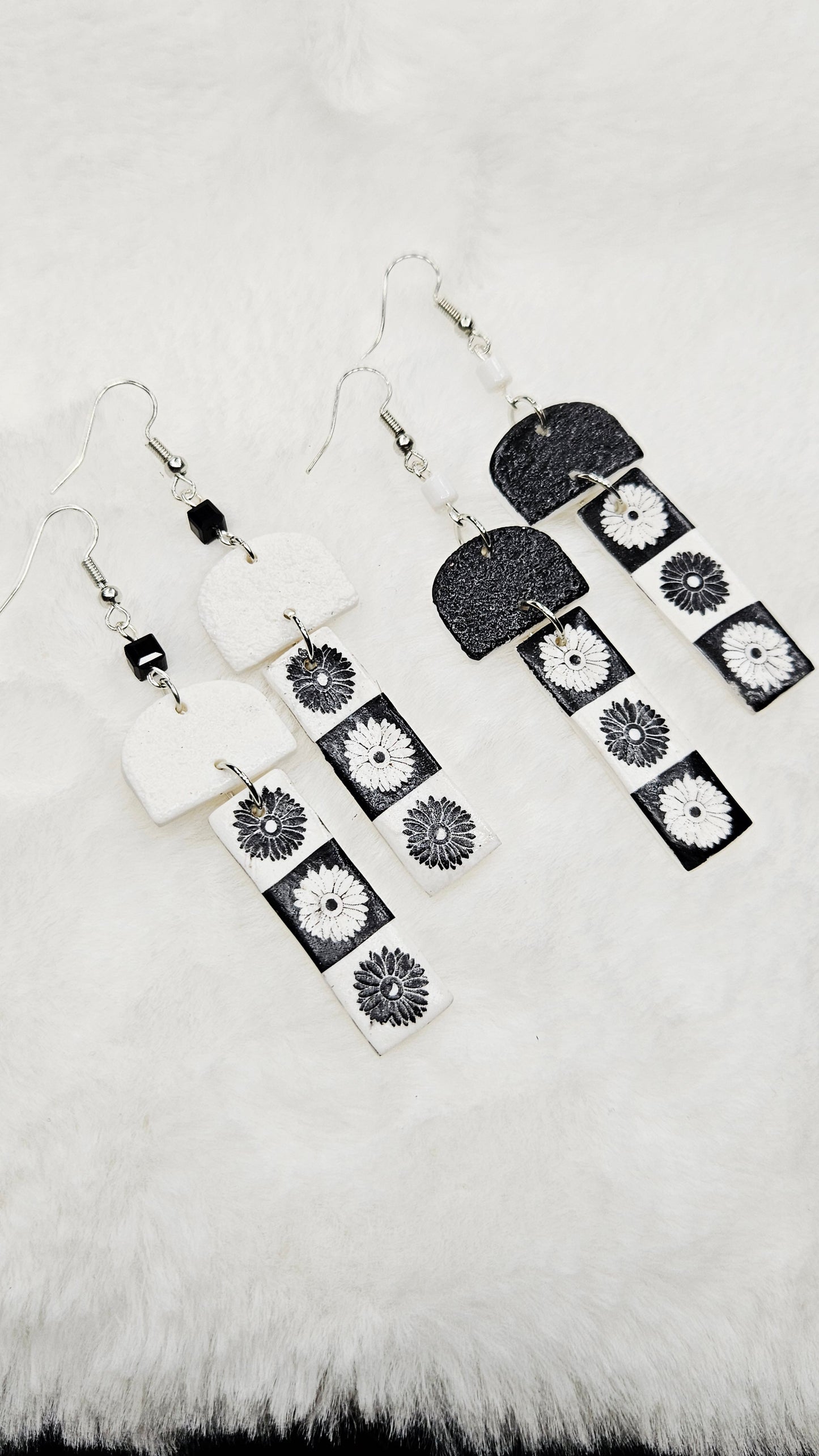 Monochrome Floral Print Clay Earrings with Black or White Arches - 3"
