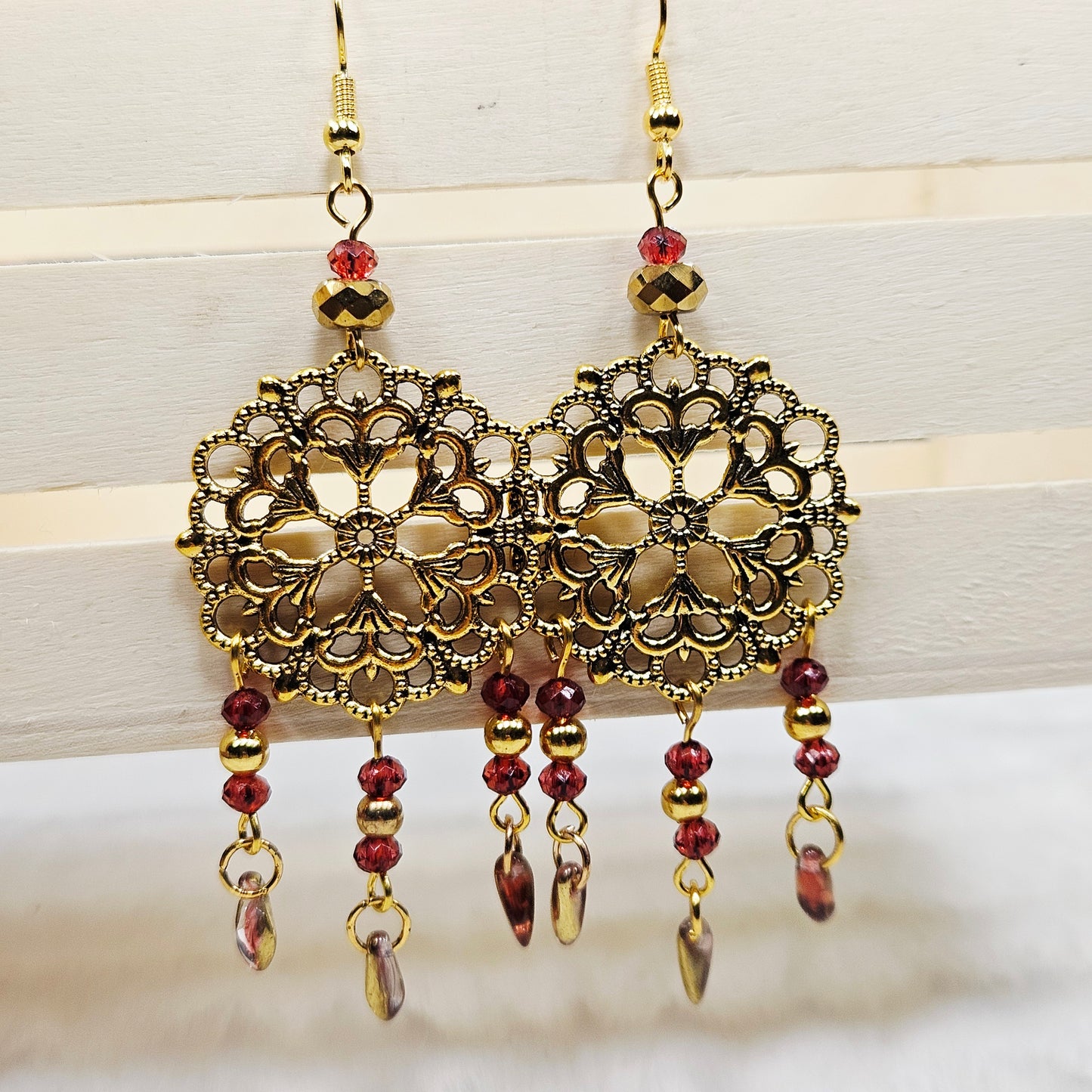 Round Antique Gold Tibetan Filigree Rhombus Chandelier Earrings with Red Dangles