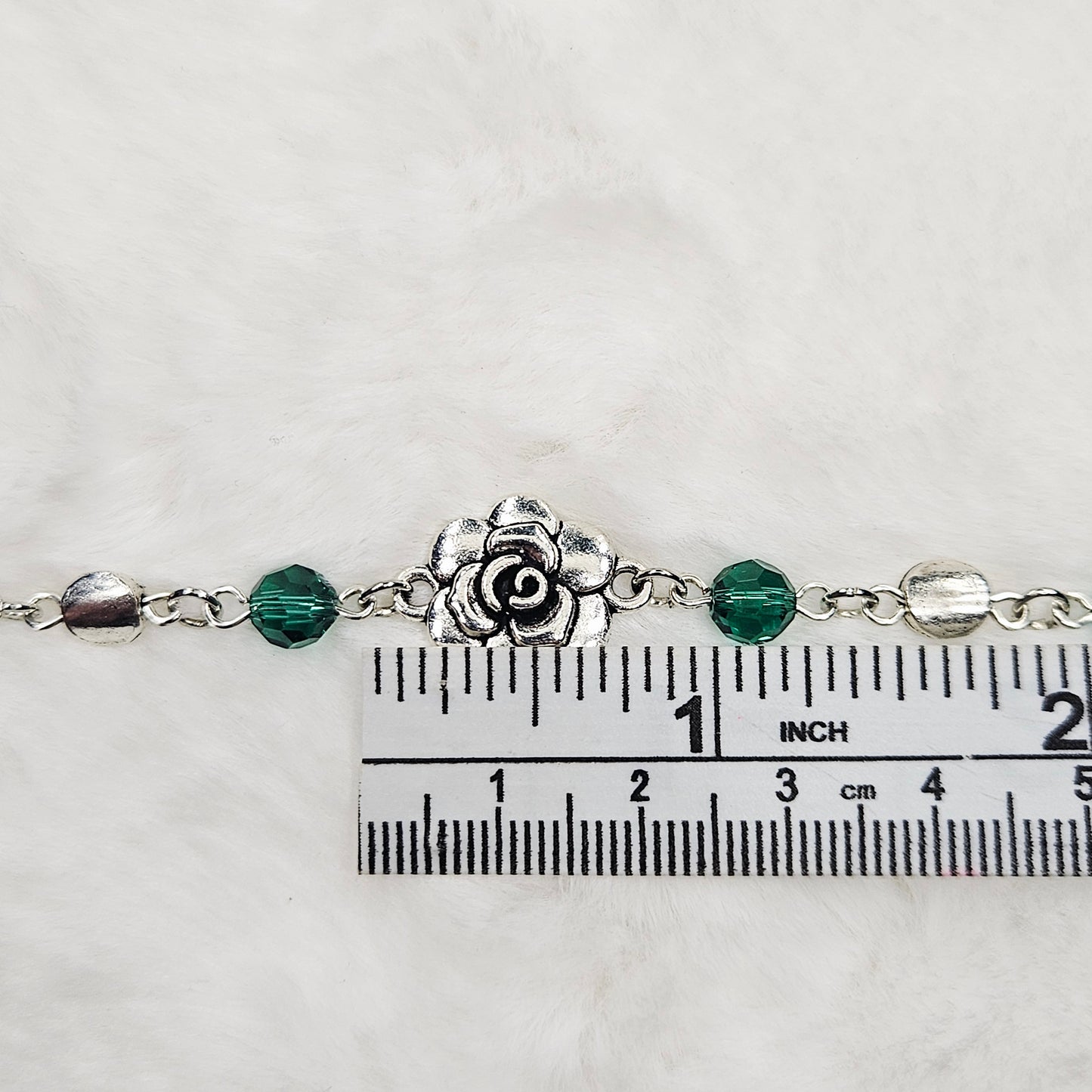 Silver Rose Bracelet with Emerald Austrian Crystals