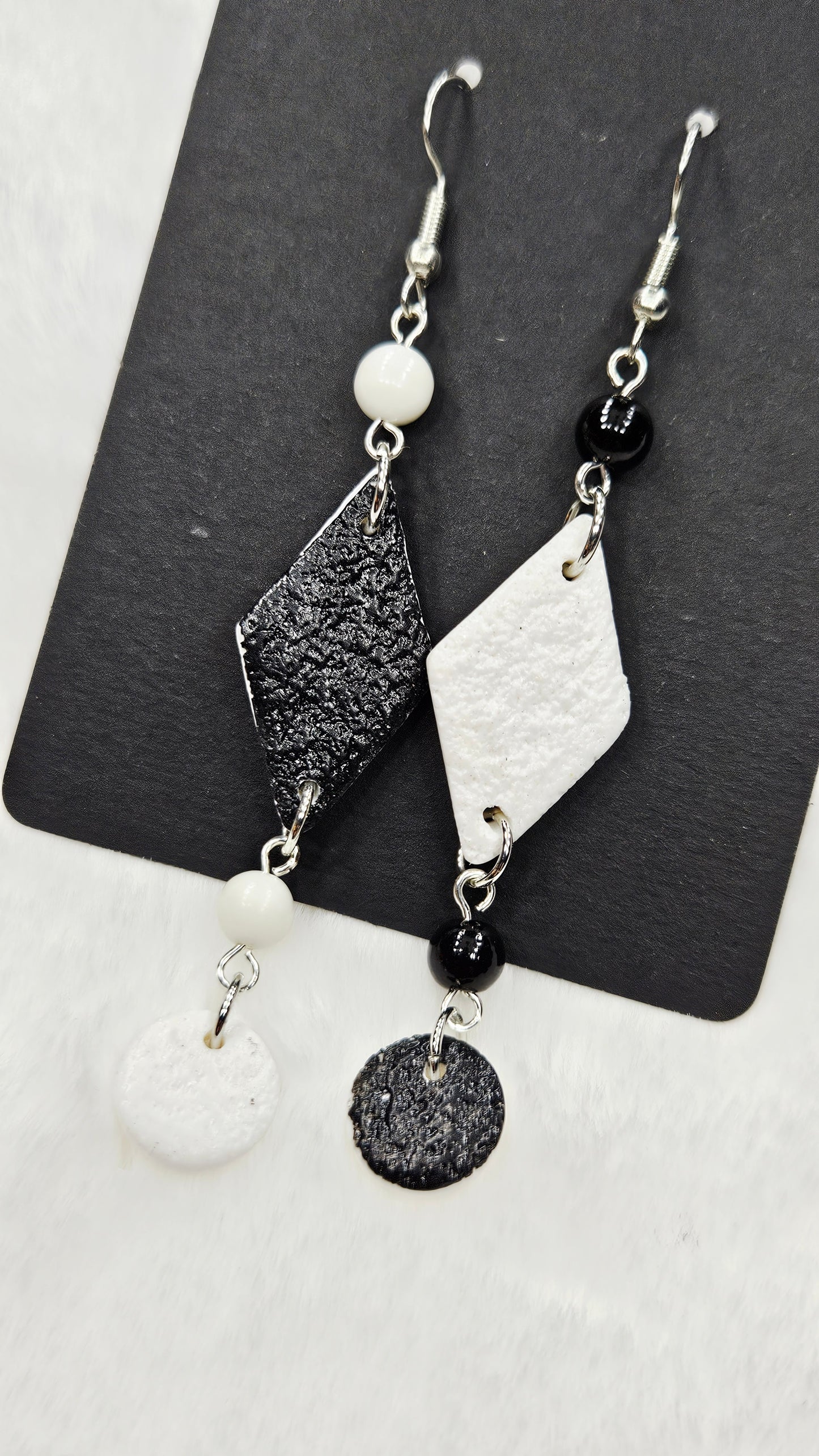 Monochrome Clay Kites Asymmetrical Dangle Earrings with Beads & Buttons