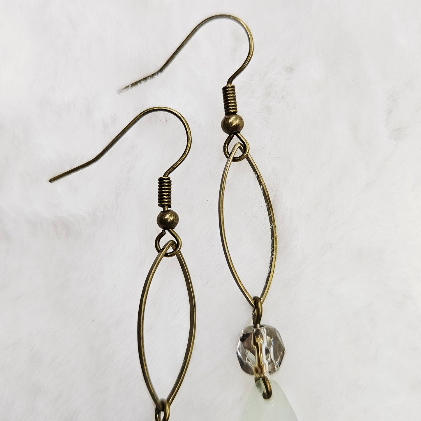 Long Antiqued Brass and Smokey Crystal Earrings with Ivory Gem Cut Teardrop Dangles
