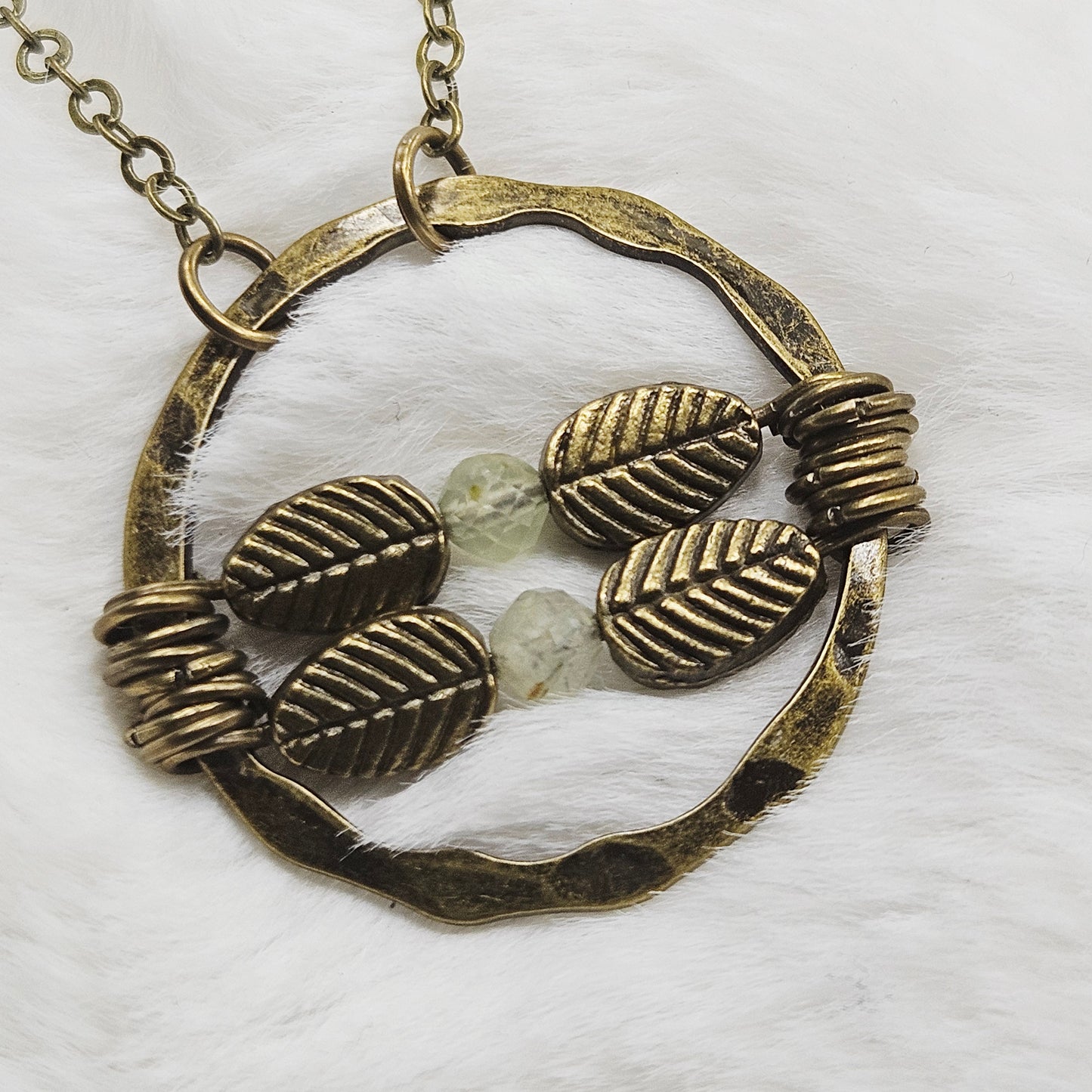 Simple Rustic Prehnite Crystal and Leaf Pendant Necklace
