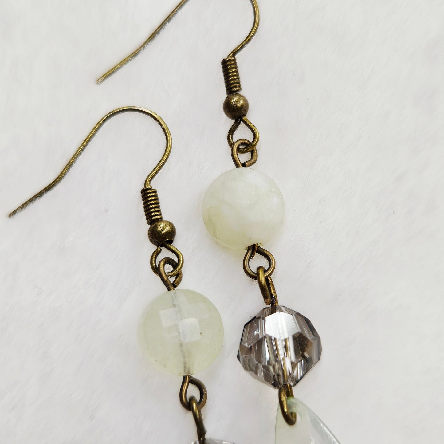 Antiqued Brass Ivory Natural Gem Cut Stone and Smokey Crystal Earrings with Gem Cut Teardrop Dangles