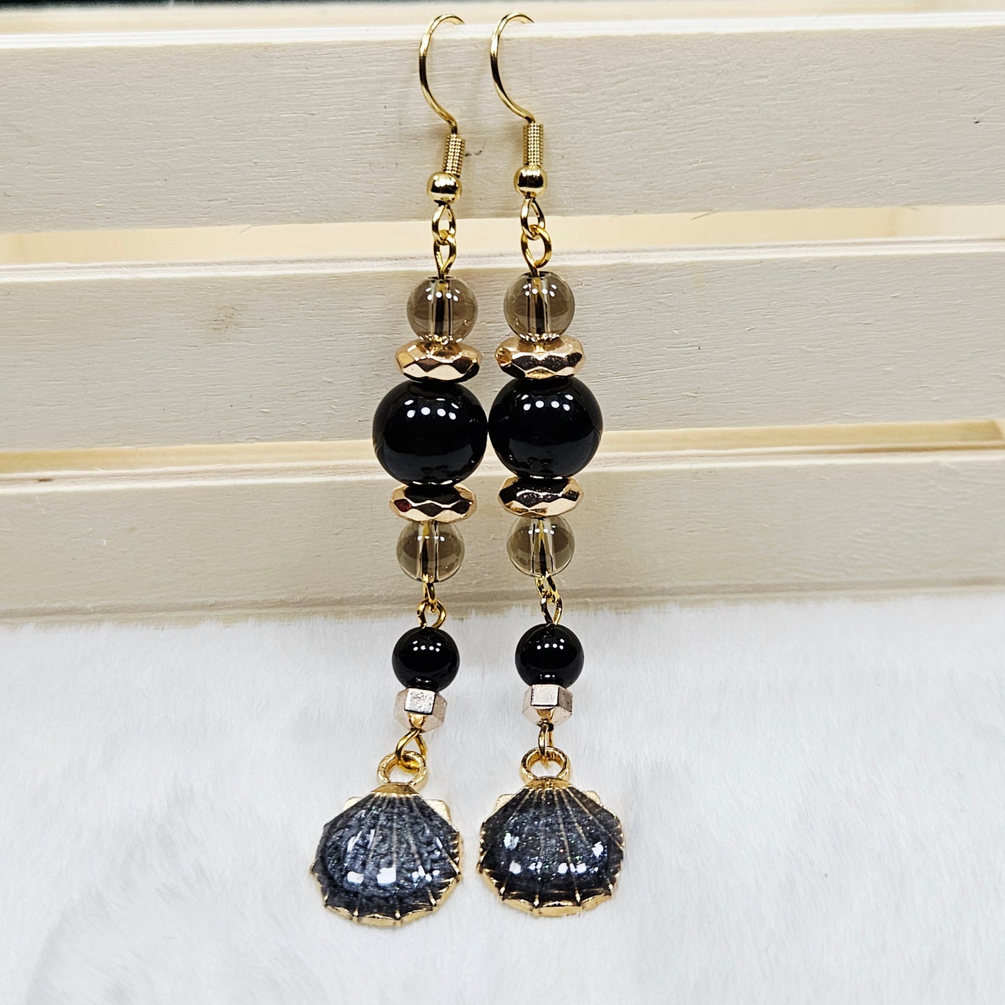 Long Black Glitter Enamel Clamshell Earrings with Black and Smokey Brown Glass