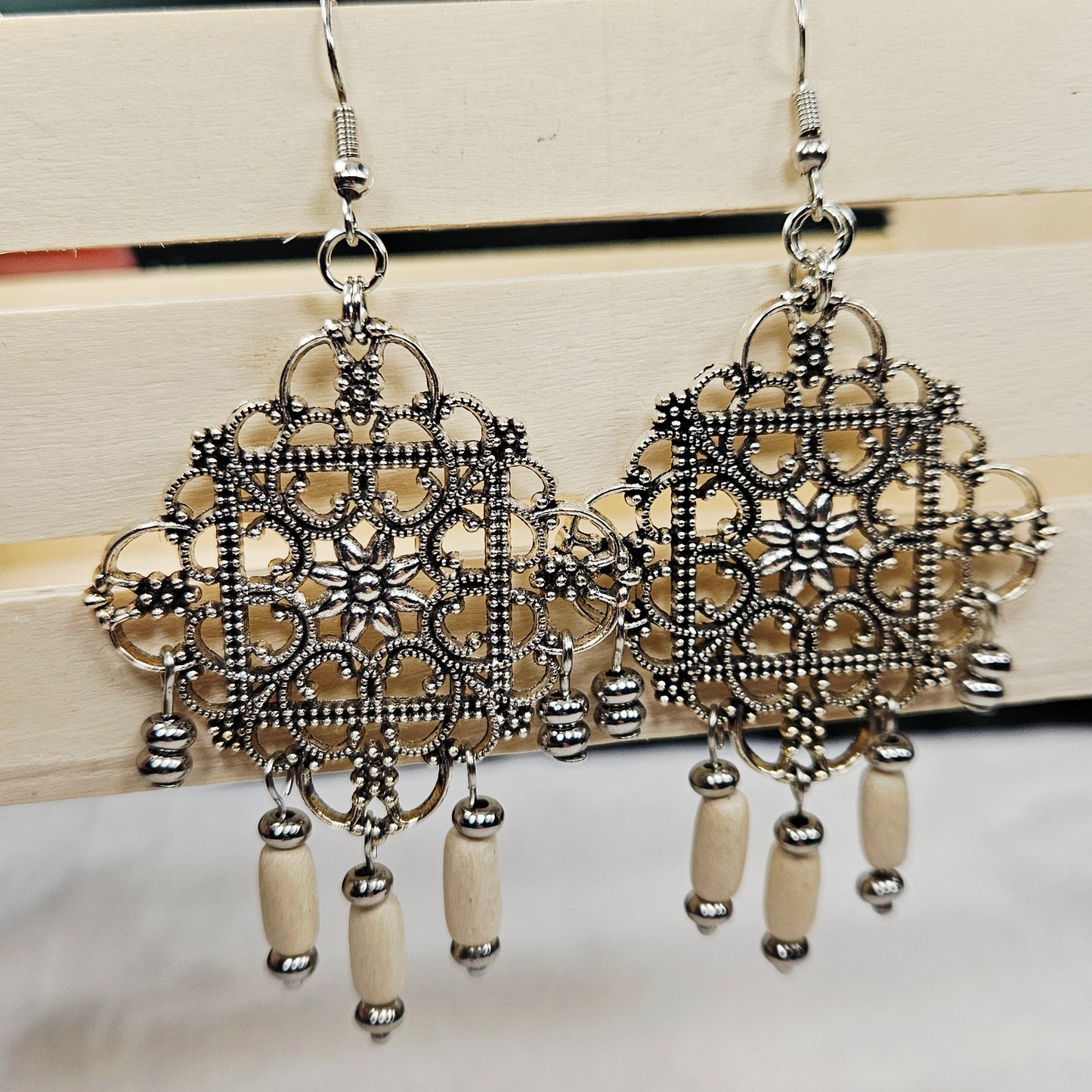 Square Antique Silver Tibetan Filigree Rhombus Chandelier Earrings with White Dangles