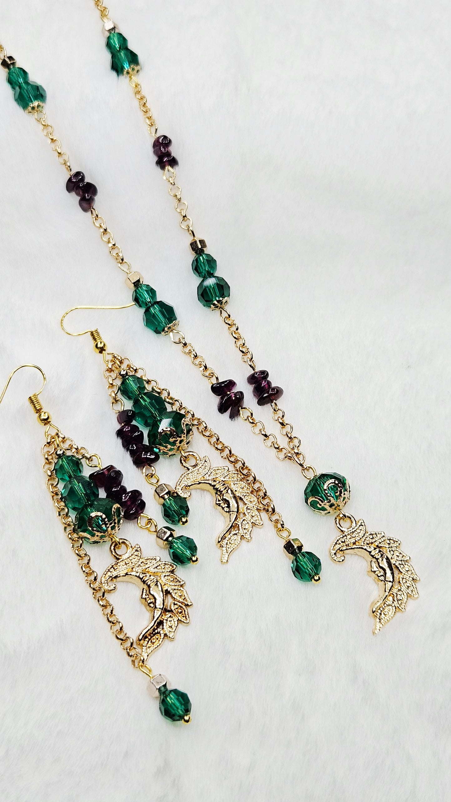 Golden Paisley Moon Pendant Necklace and Earrings with Emerald Austrian Crystals and Amethyst Chips