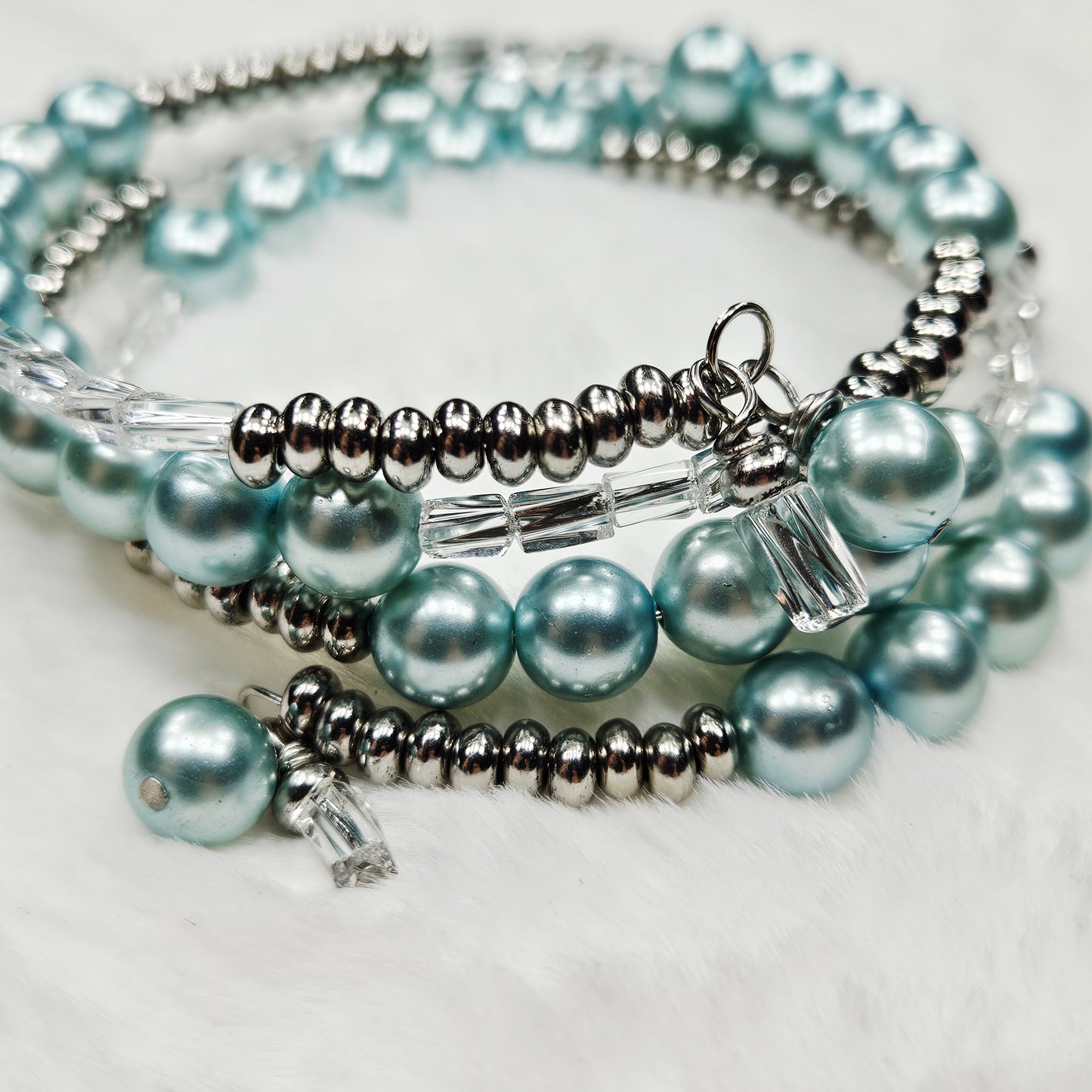 Cool Blue Pearl Wrap Bracelet and Earrings Set