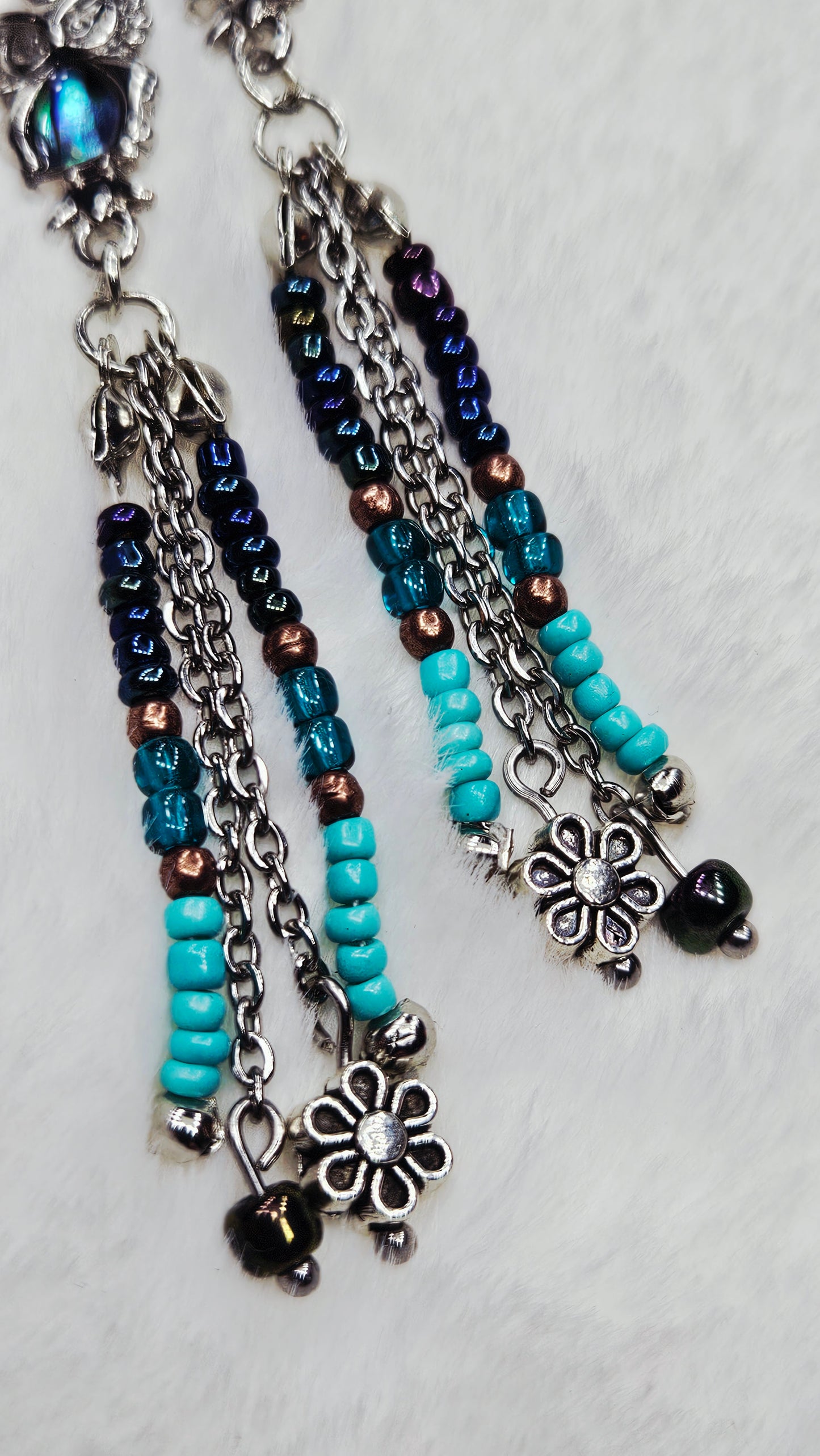 Abalone Owls with Various Seed Bead and Chain Tassel Dangle Earrings