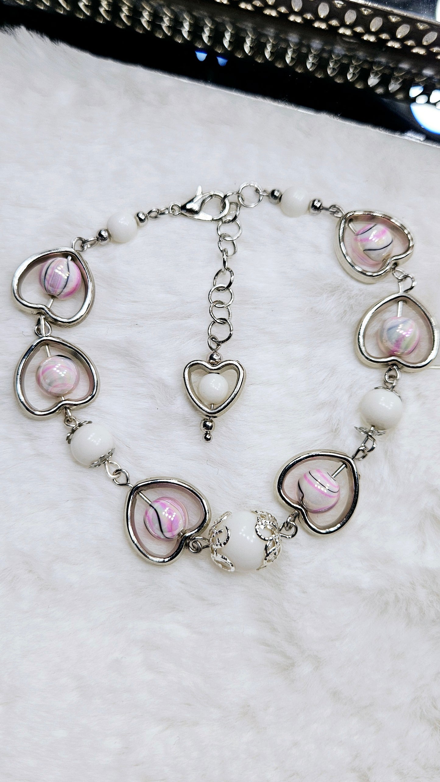 Pink Marble & Silver Heart Frame Bracelet
