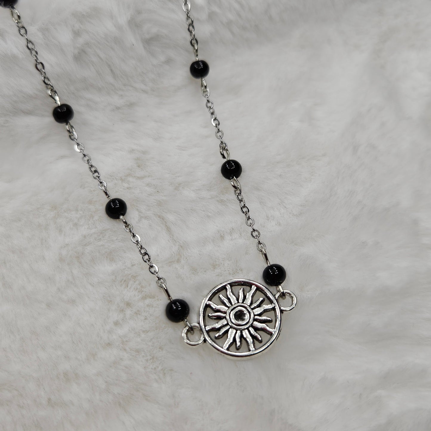 Black Hole Sun Beaded Silver Chain Necklace with Polished Black Glass - 16"