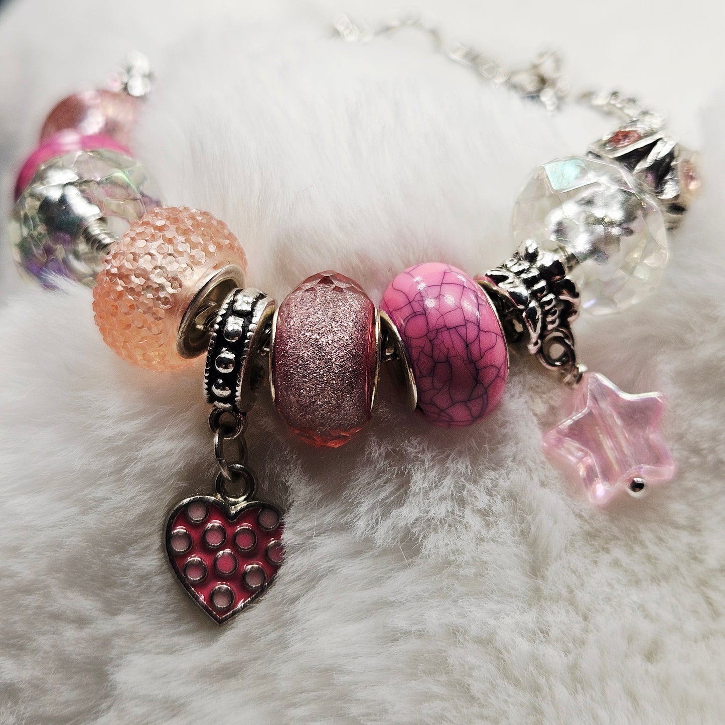 Customized Pink Polkadot Heart and Star Charm Bracelet