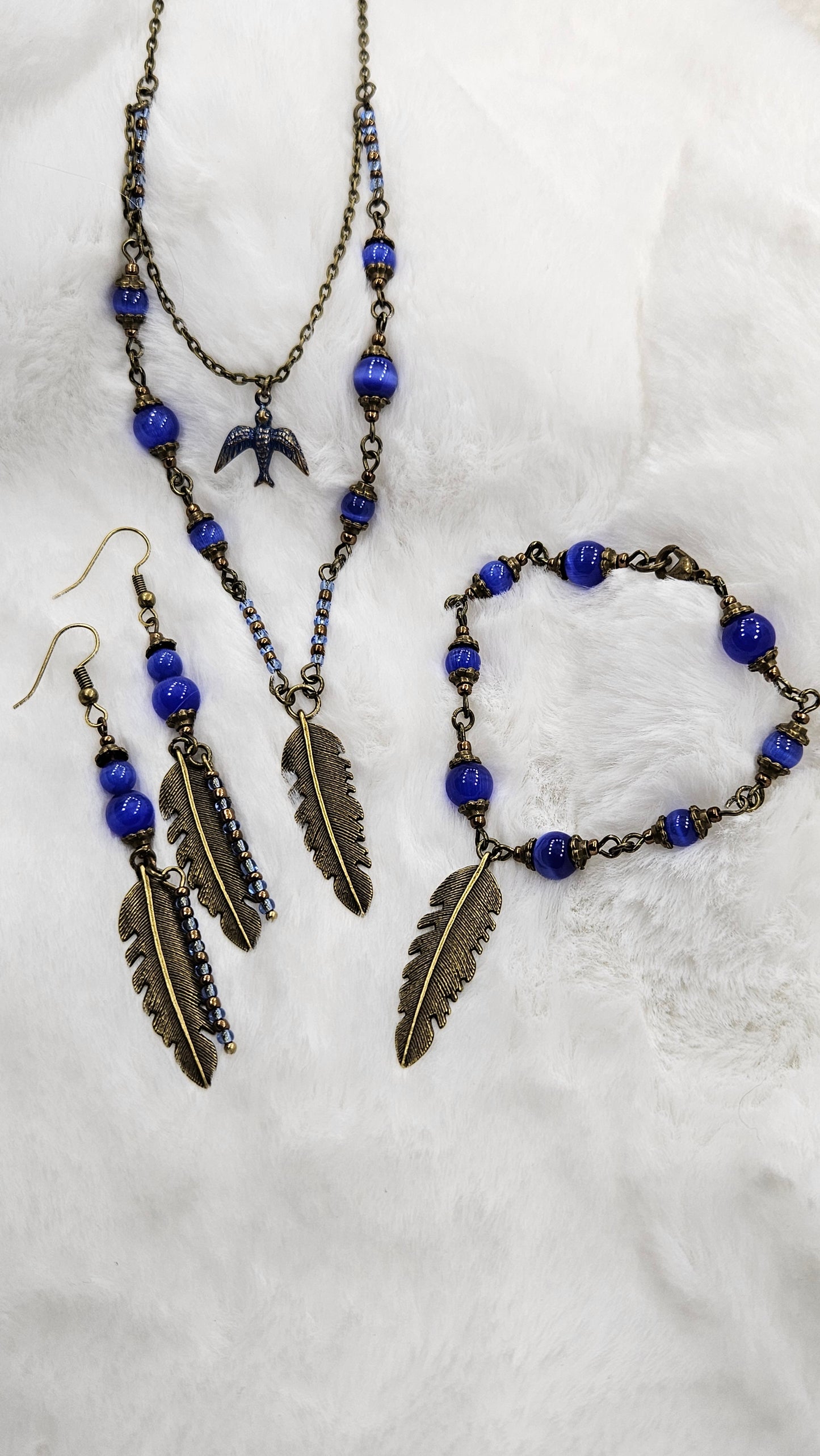 Royal Blue-Bird Feather Set: Brass Feather Pendant Necklace with Pure Brass Bird Charm, Matching Bracelet & Earrings