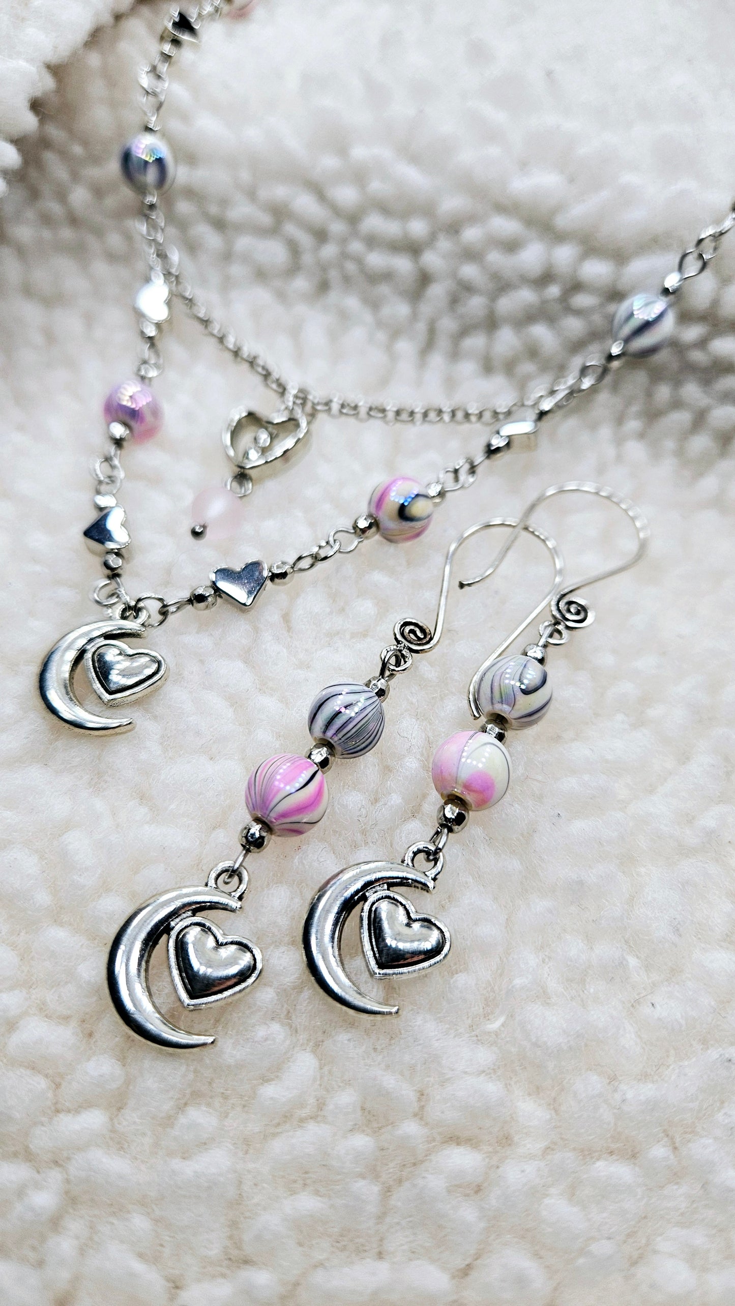 Pink Luna Love Set - Silver Moon-heart Pendant Necklace & Matching Moon-heart Charm Earrings