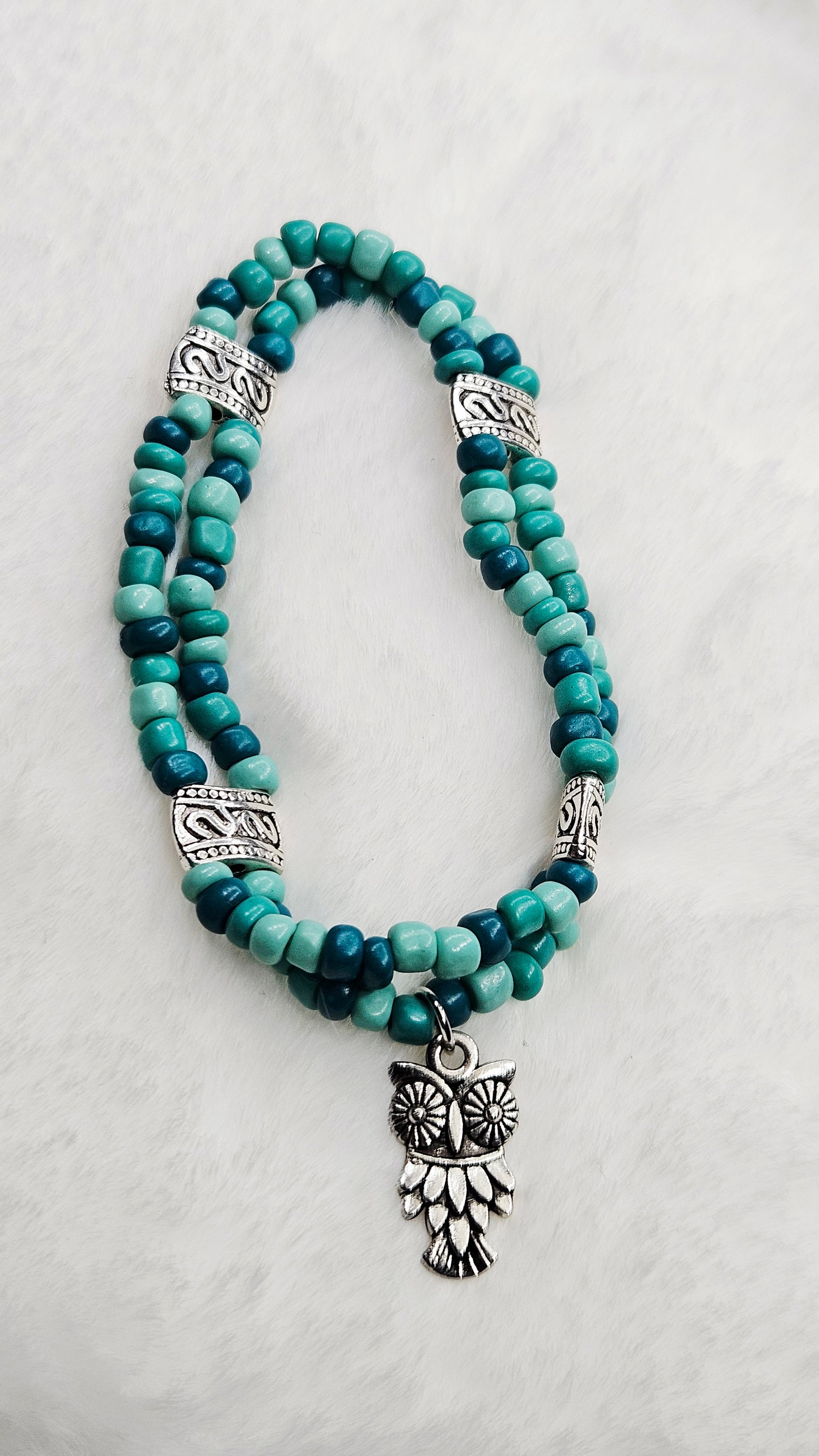 Silver Owl Charm Double Beaded Stretch Bracelet with Turquoise Colored Seed Beads