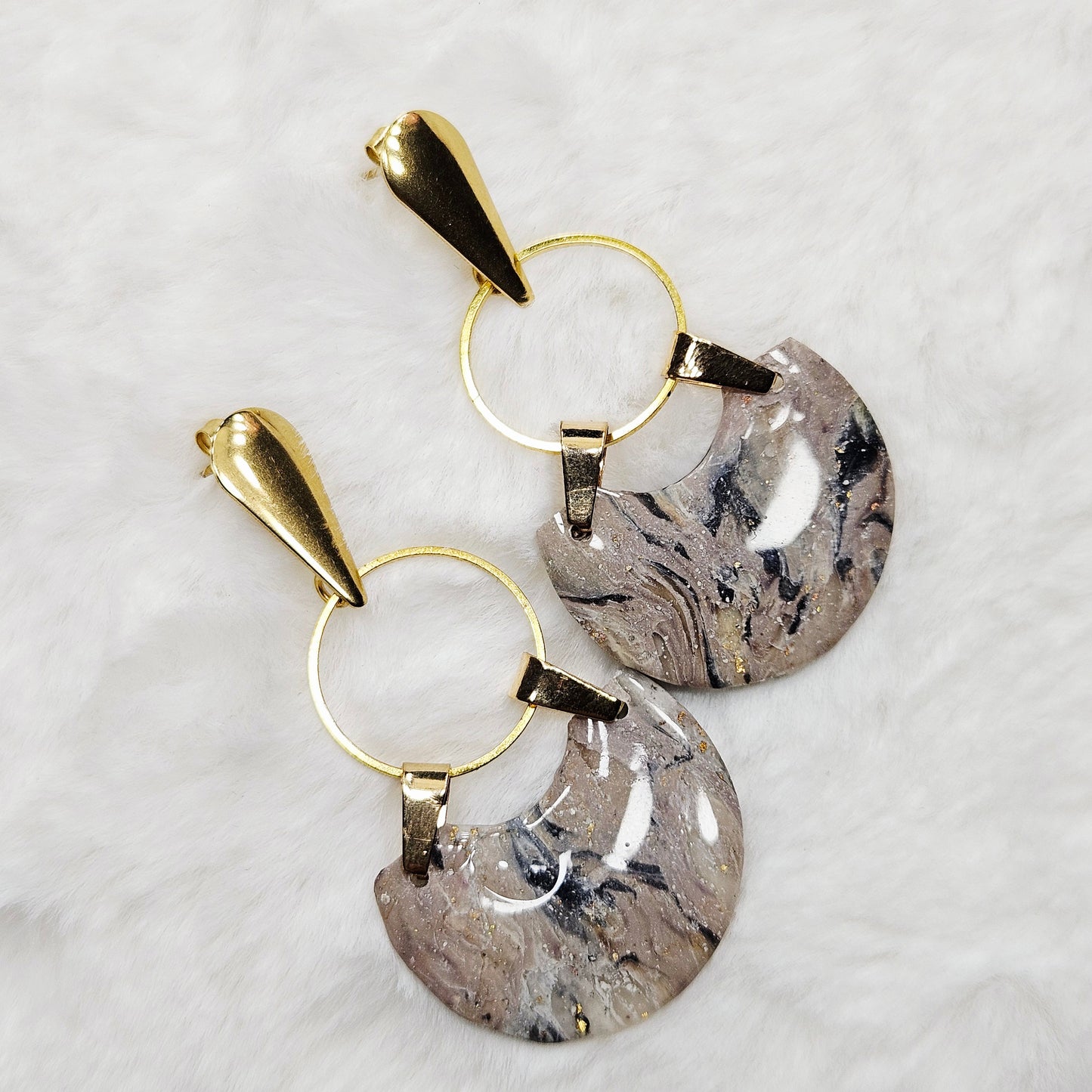 Black and Brown Marble Polymer Clay Earrings on Golden Hoops - 2⅜"