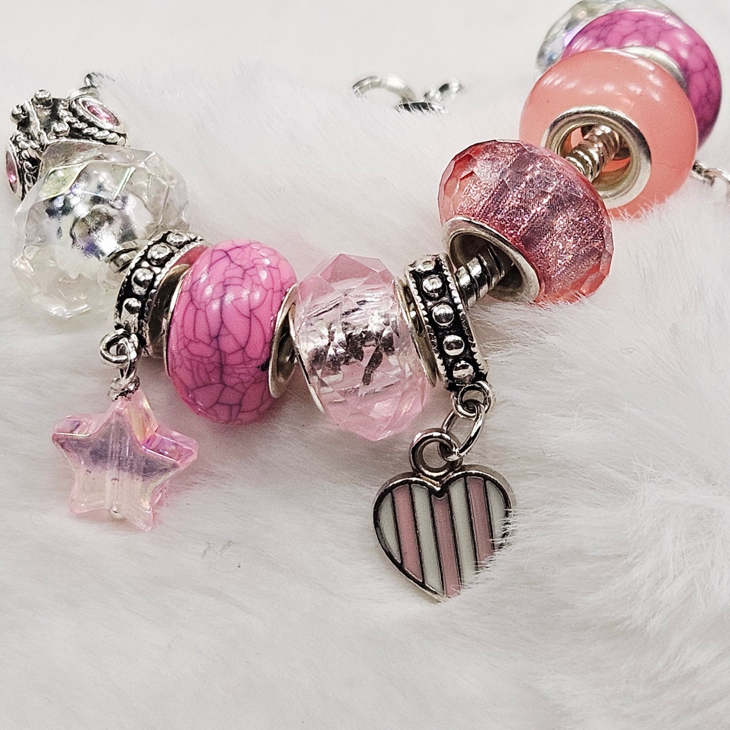 Customized Pink Striped Heart and Star Charm Bracelet