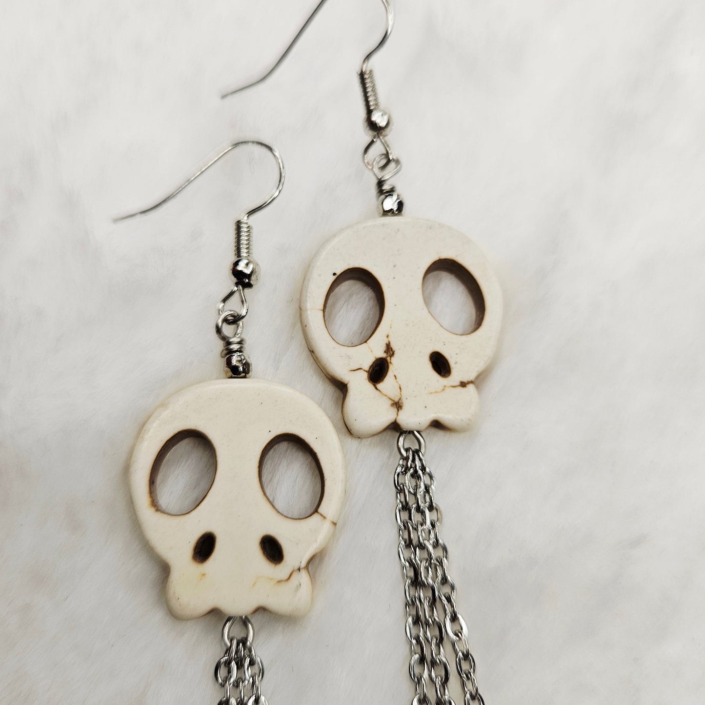 Long Howlite Skull and Chain Earrings with Smokey Brown Glass Dangles in Brass or Silver