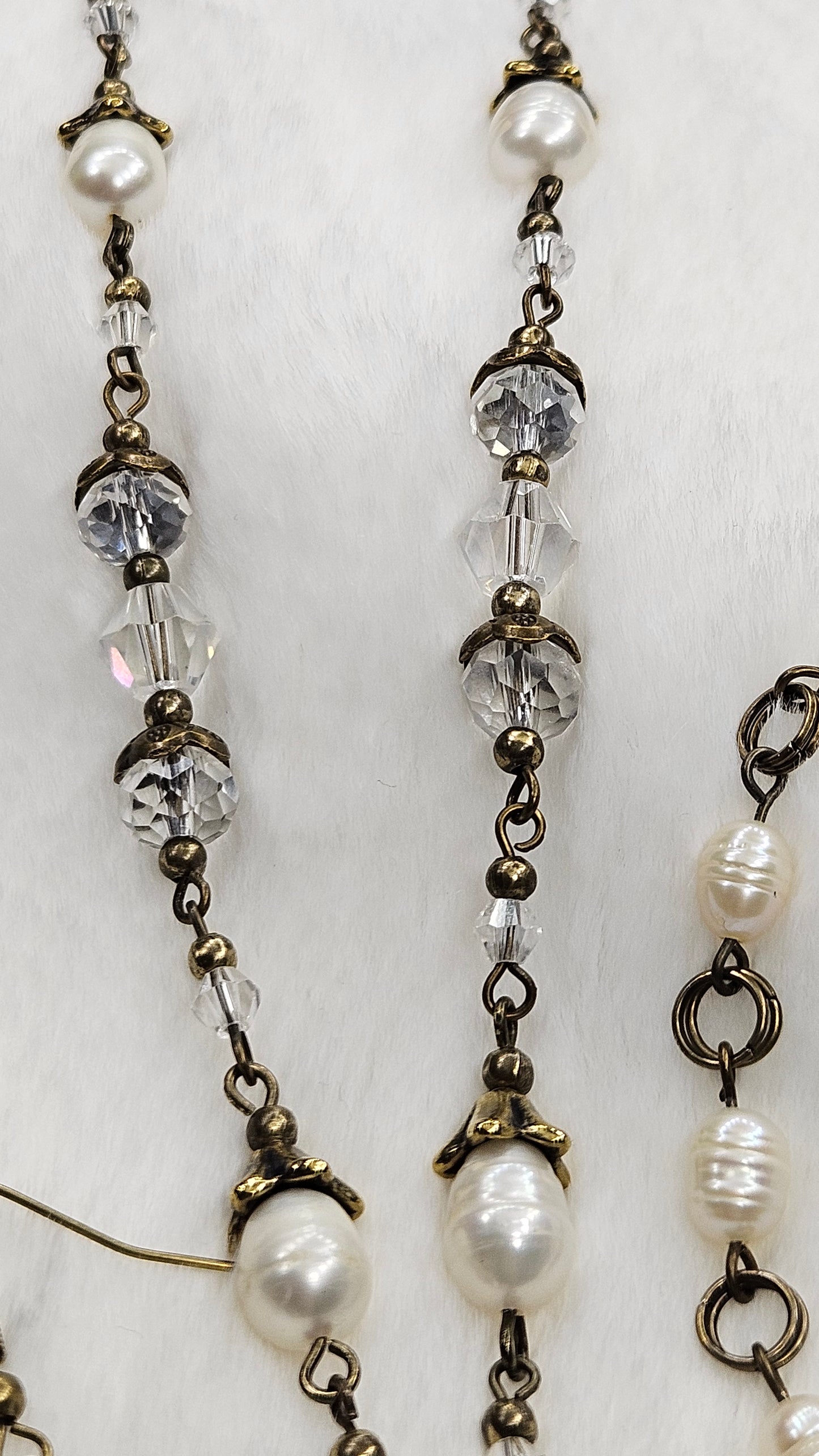 Antique Brass Risen Rose Cross Set - Rose Cross Pendant Necklace with Crystal & Freshwater Pearls Earrings & Bracelet