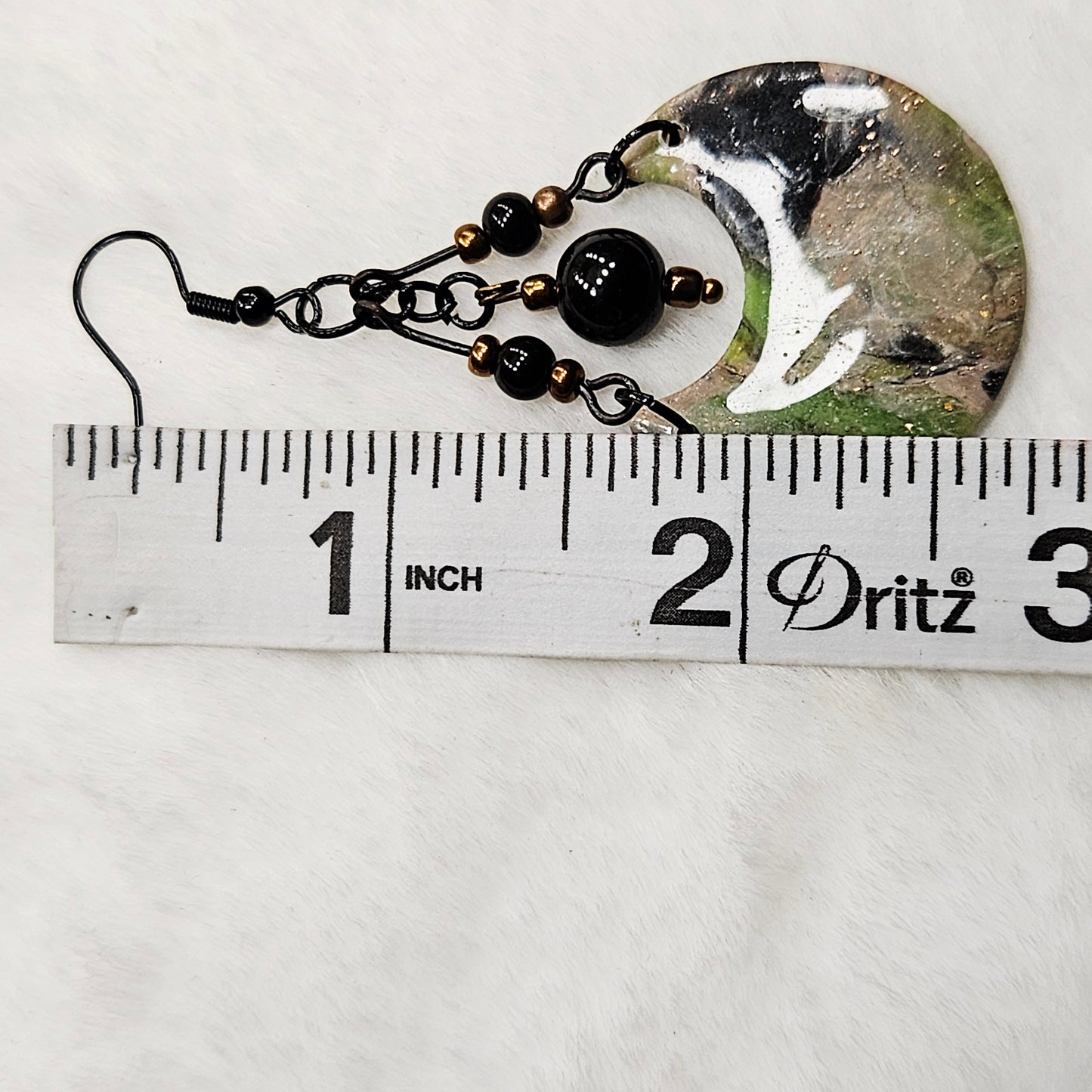 Lime Green Camouflage Crescent Polymer Clay Earrings with Black and Bronze Beads