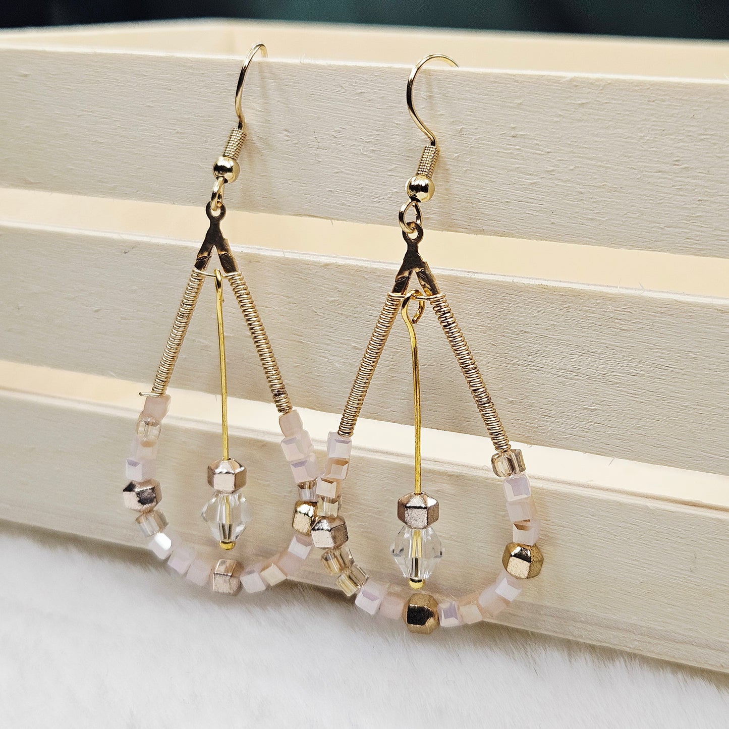 Gold Teardrop Hoops with Pale Pink and Gold Beads