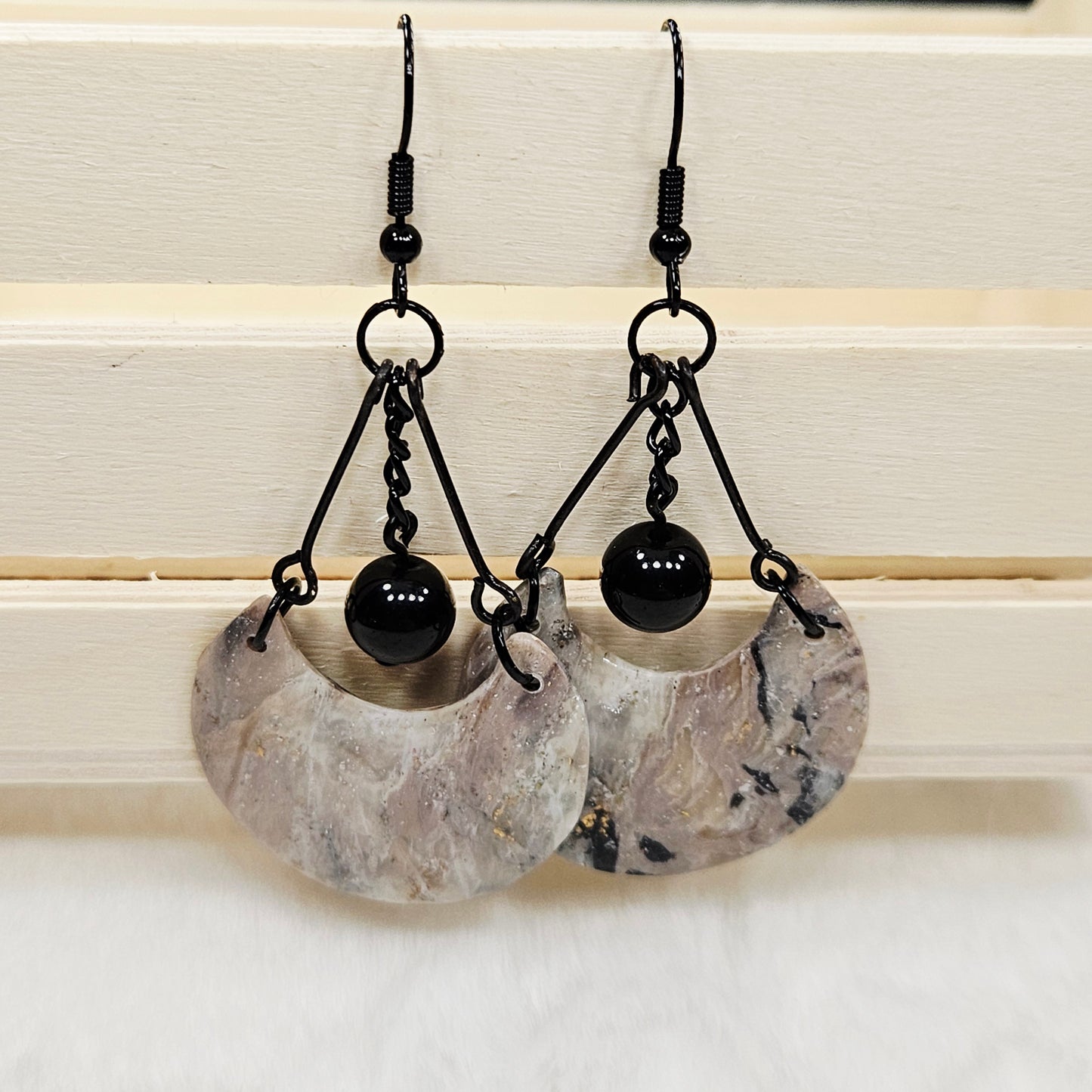 Black and Brown Gold Flake Marble Crescent Polymer Clay Earrings with Black Chain