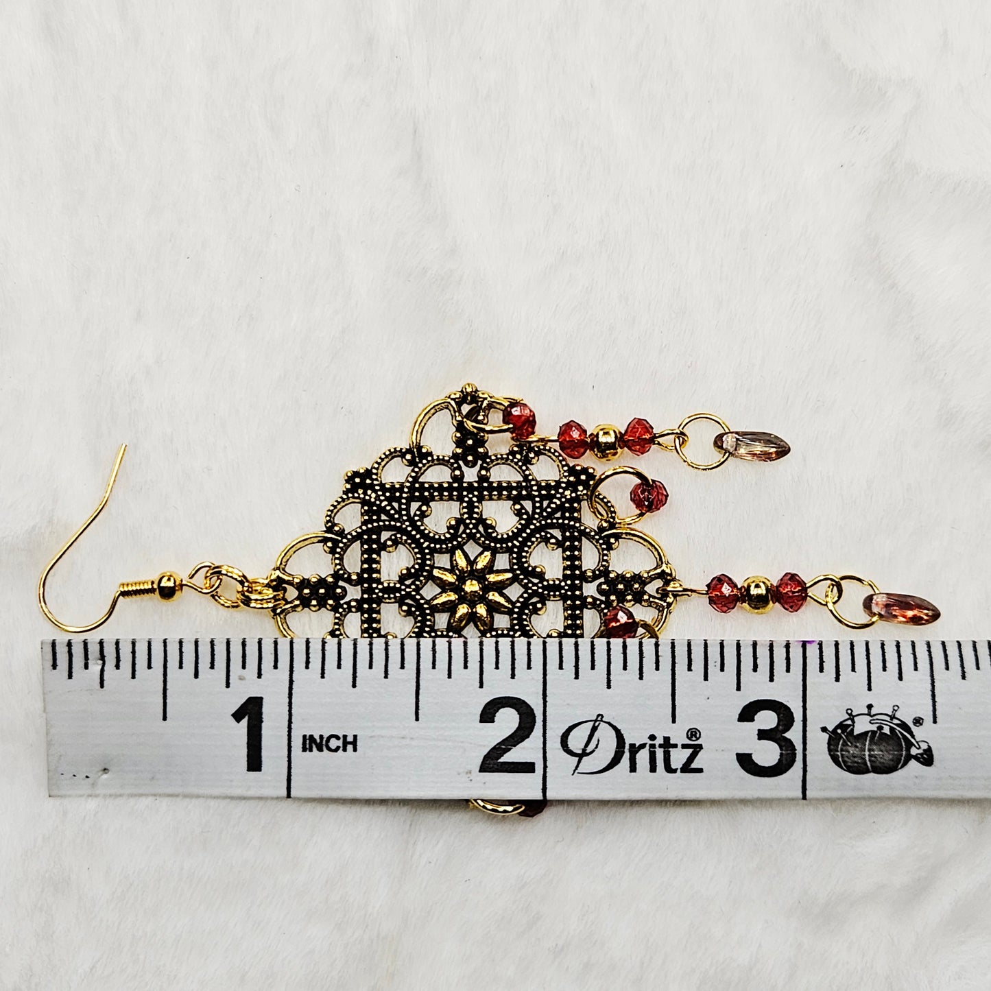 Square Antique Gold Tibetan Filigree Rhombus Chandelier Earrings with Red Dangles