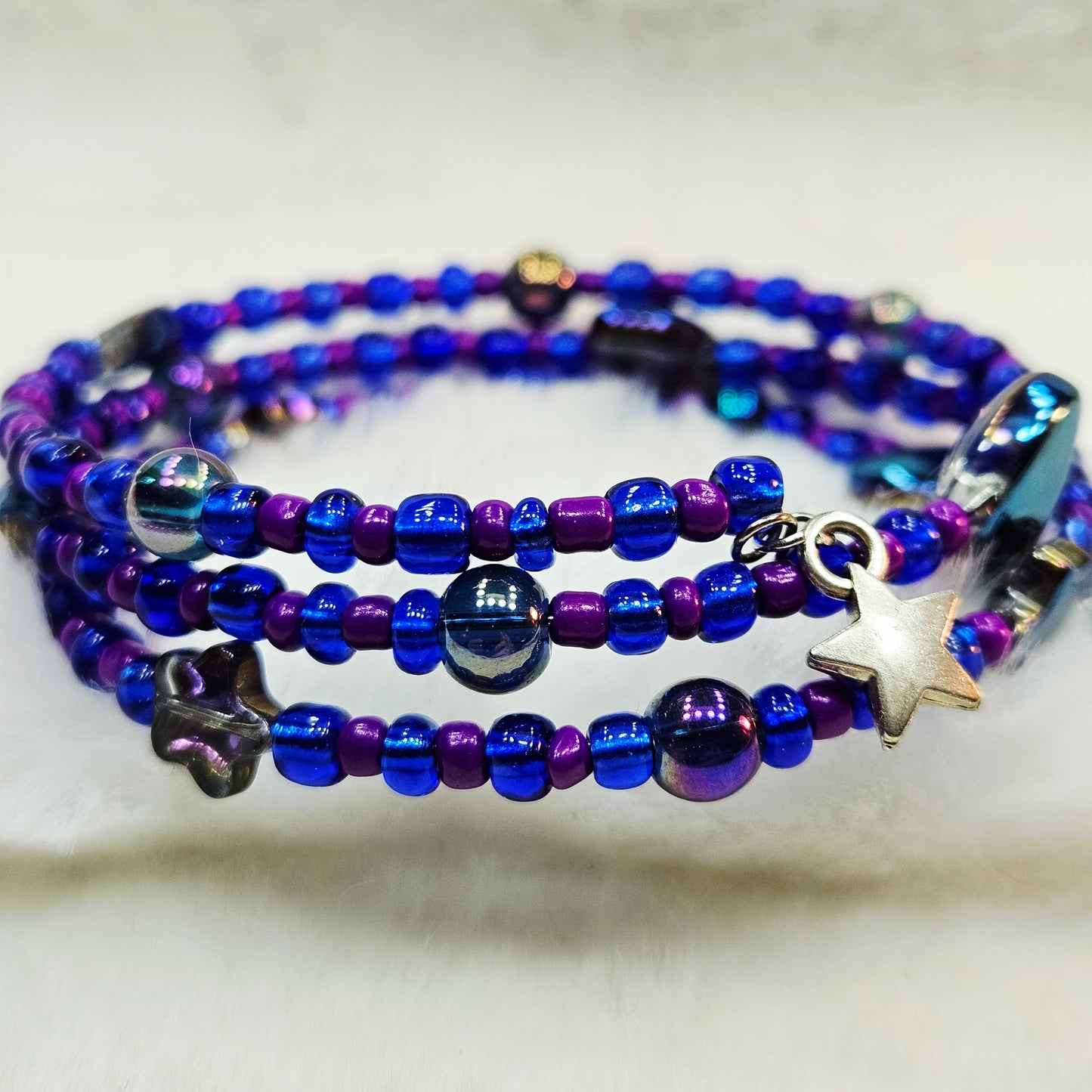 Dreamy Nights Deep Blue and Purple Seed Bead Wrap Bracelet with Moons and Stars