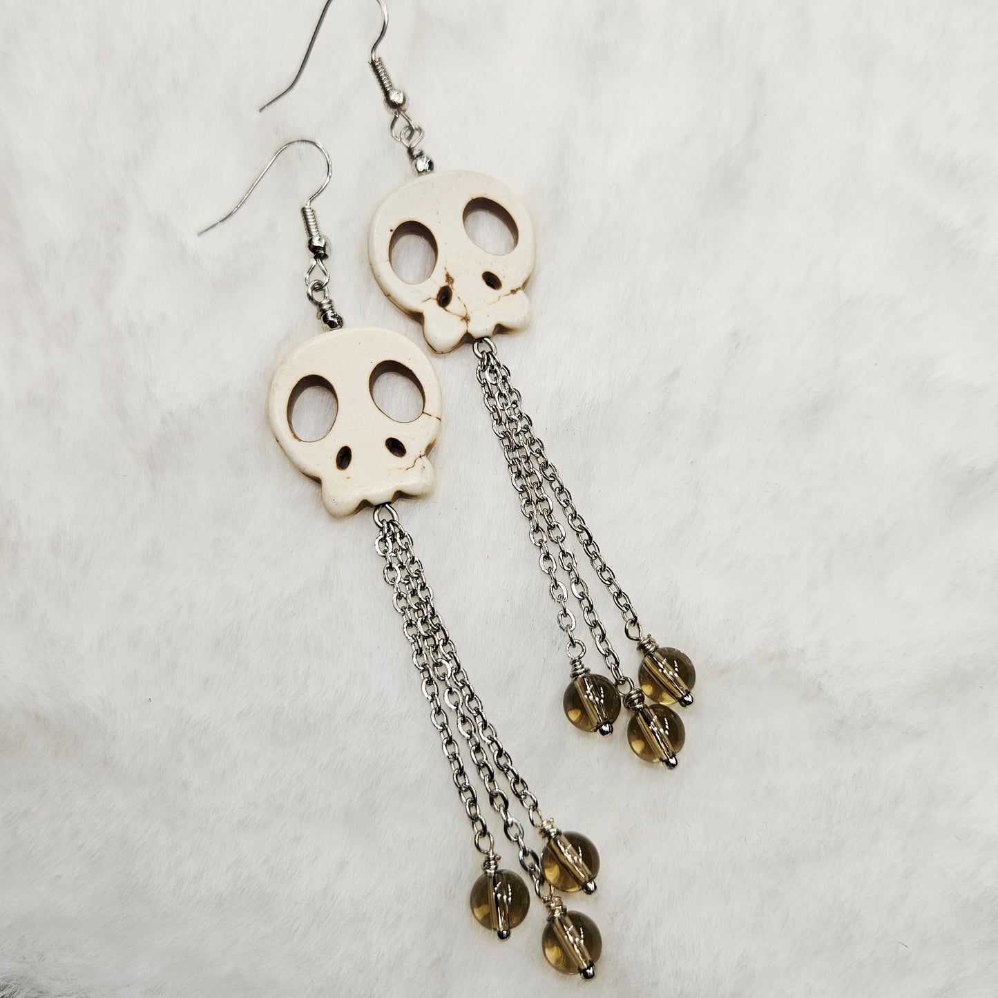 Long Howlite Skull and Chain Earrings with Smokey Brown Glass Dangles in Brass or Silver