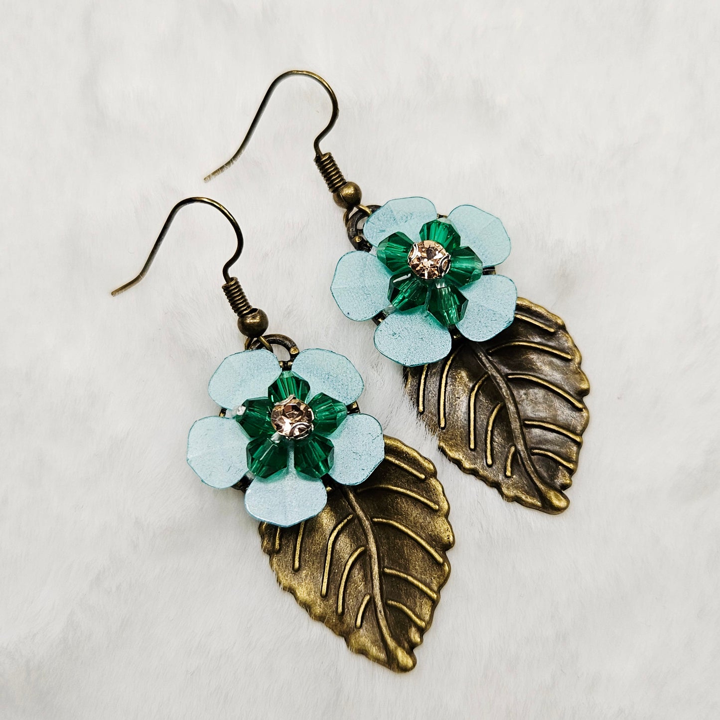 Brass Leaf Earrings with Teal Flowers