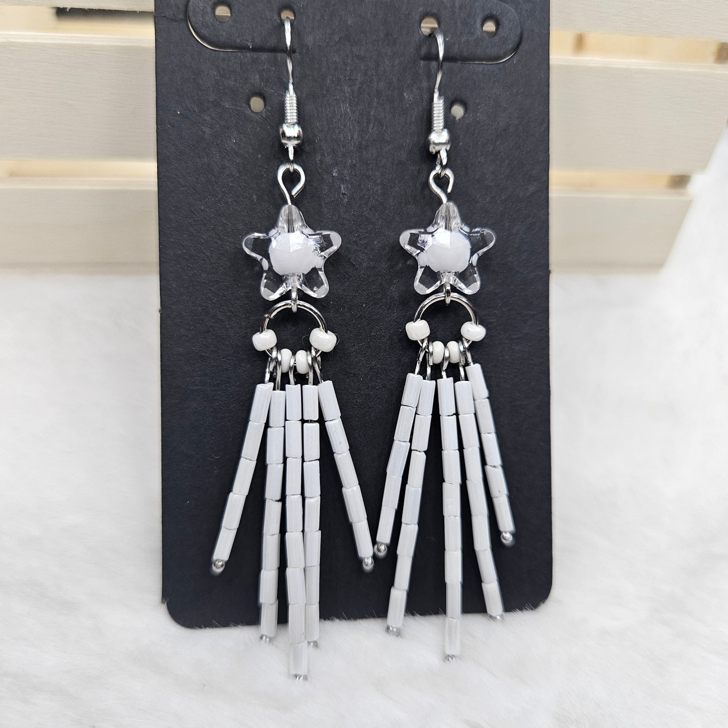 White Crystal Star Burst Earrings with Long Bugle Beaded Tassels