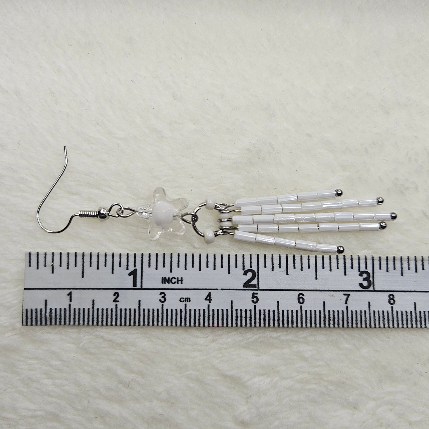 White Crystal Star Burst Earrings with Long Bugle Beaded Tassels