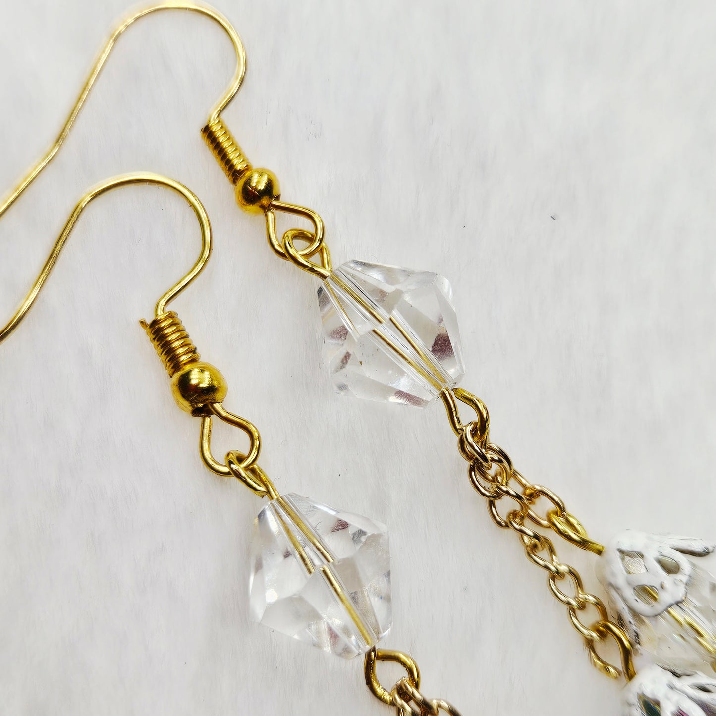 Iridescent Crystal Teardrop Drop Chain Dangle Earrings with White Filigree Bell Caps - 2¾"